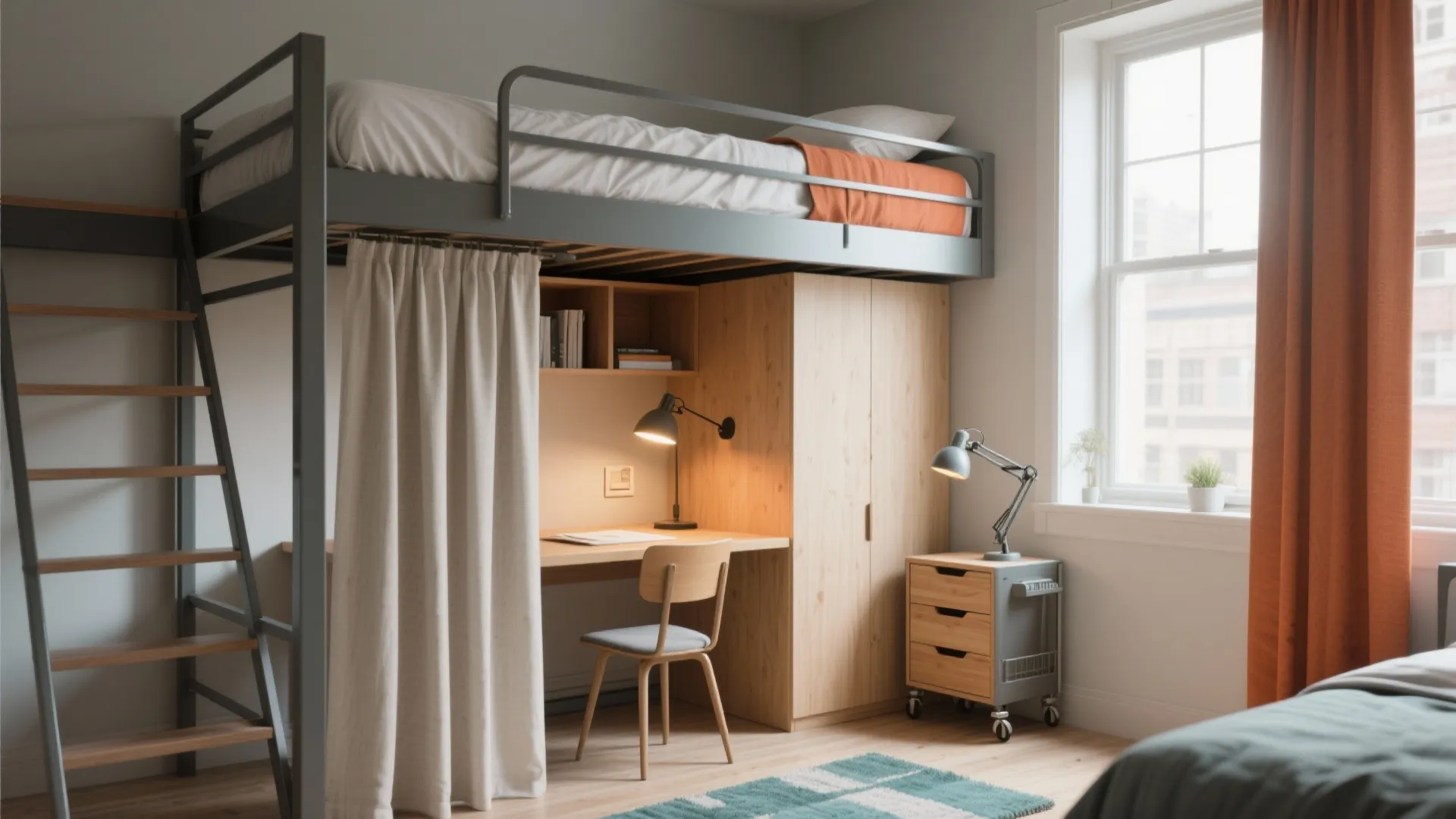 2) Loft Bed + Fold-Down Desk Nook