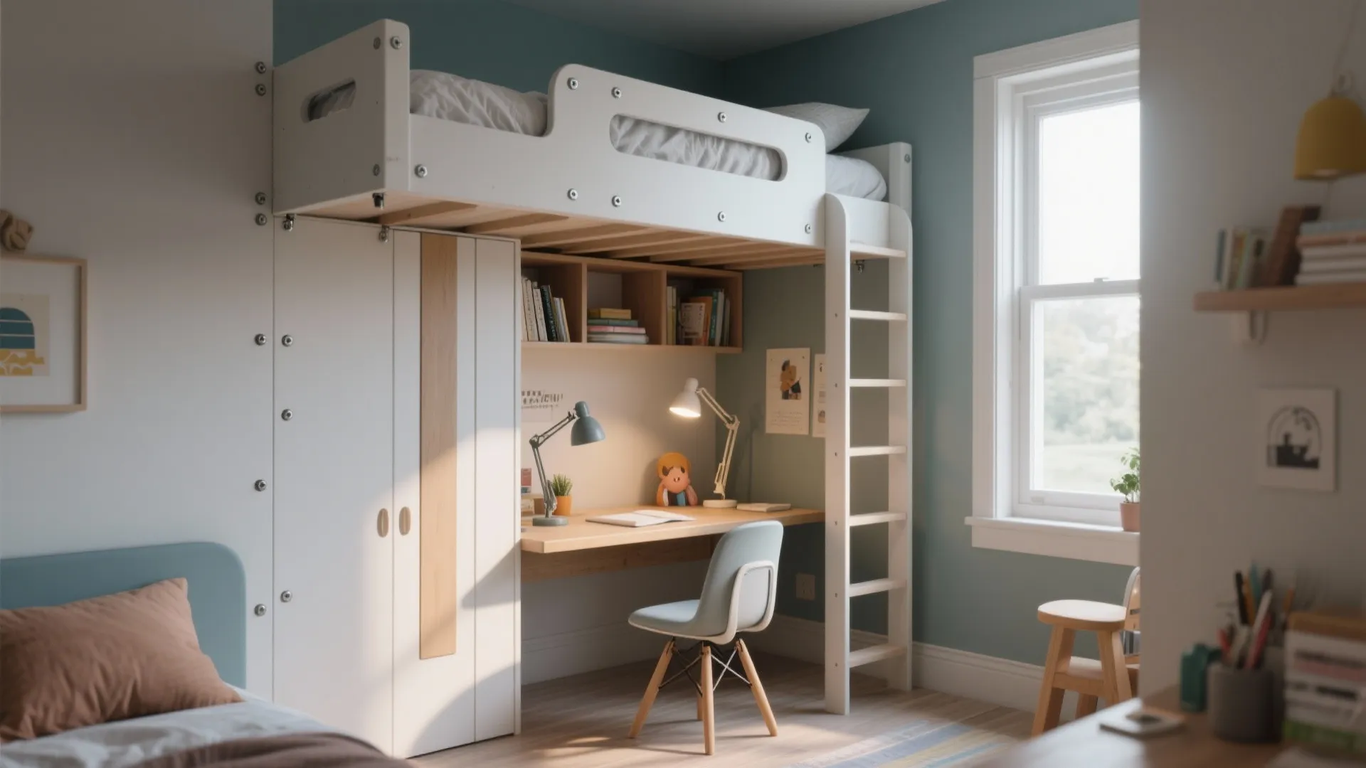 Wall-mounted loft bed with a desk nook underneath, showing anchors and a compact study area in a small room.