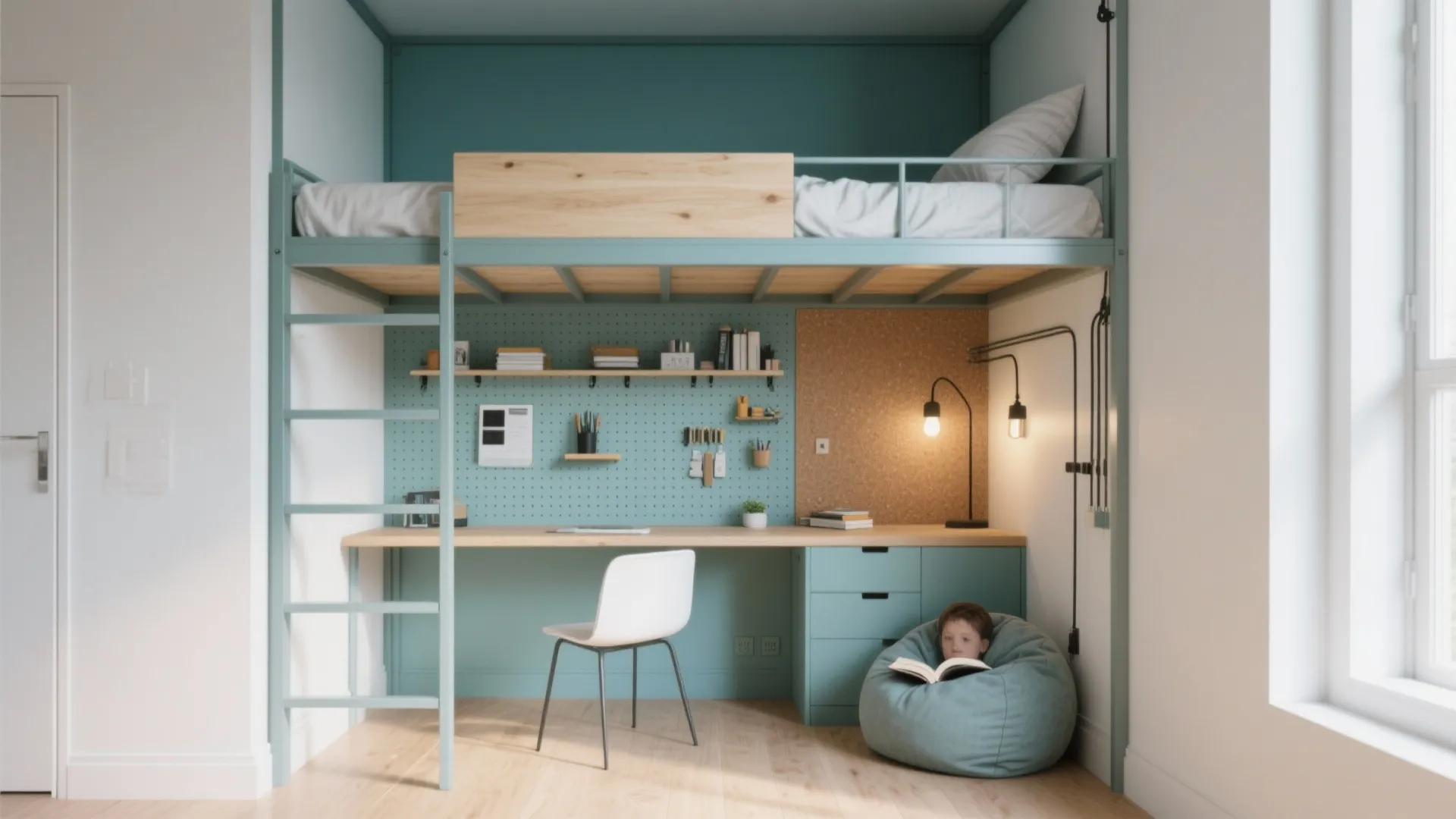 Loft bed with study desk and cozy play nook in a compact kids room