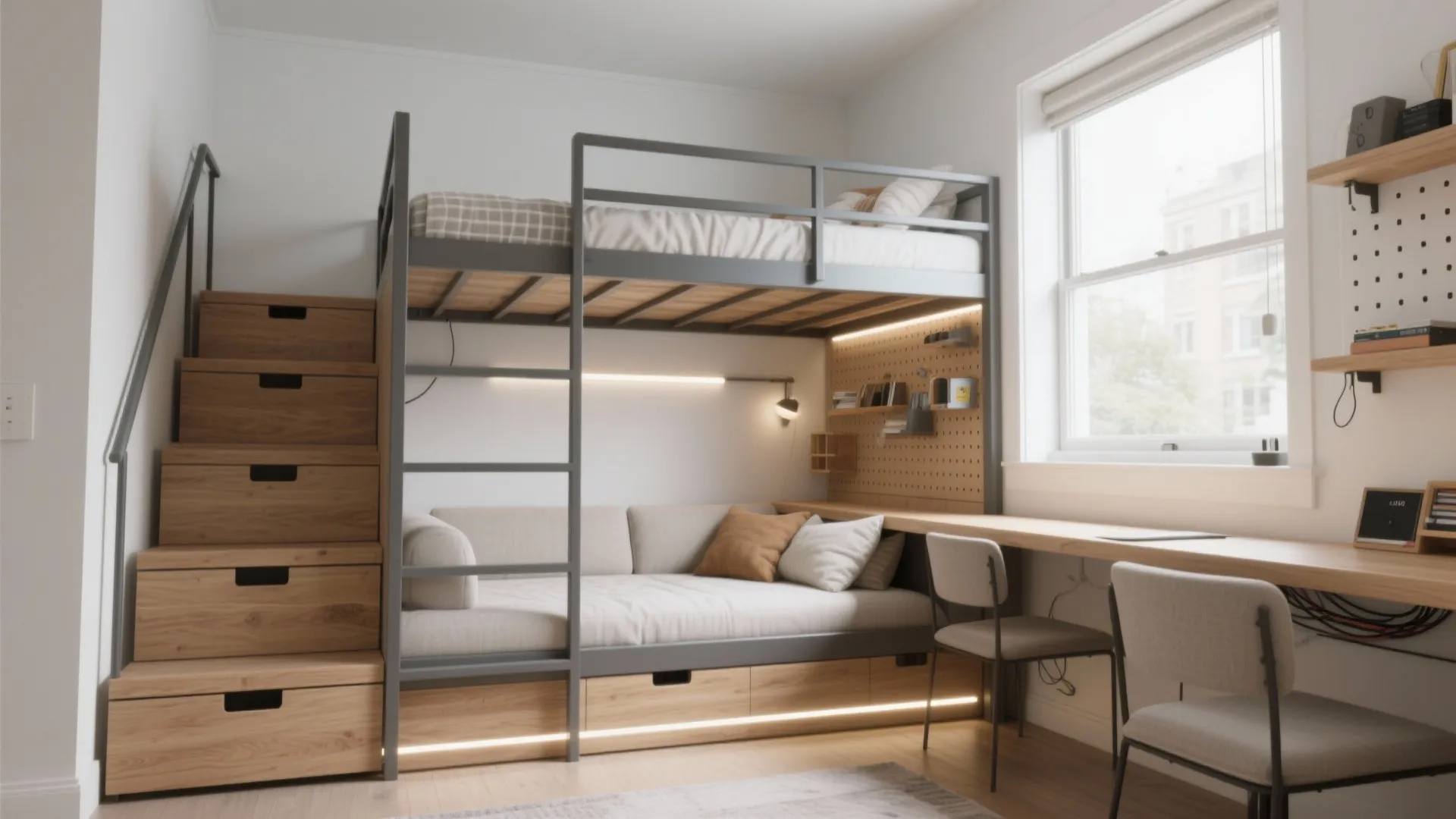 Loft Bed + L-Shaped Desk to Unlock Floor Space
