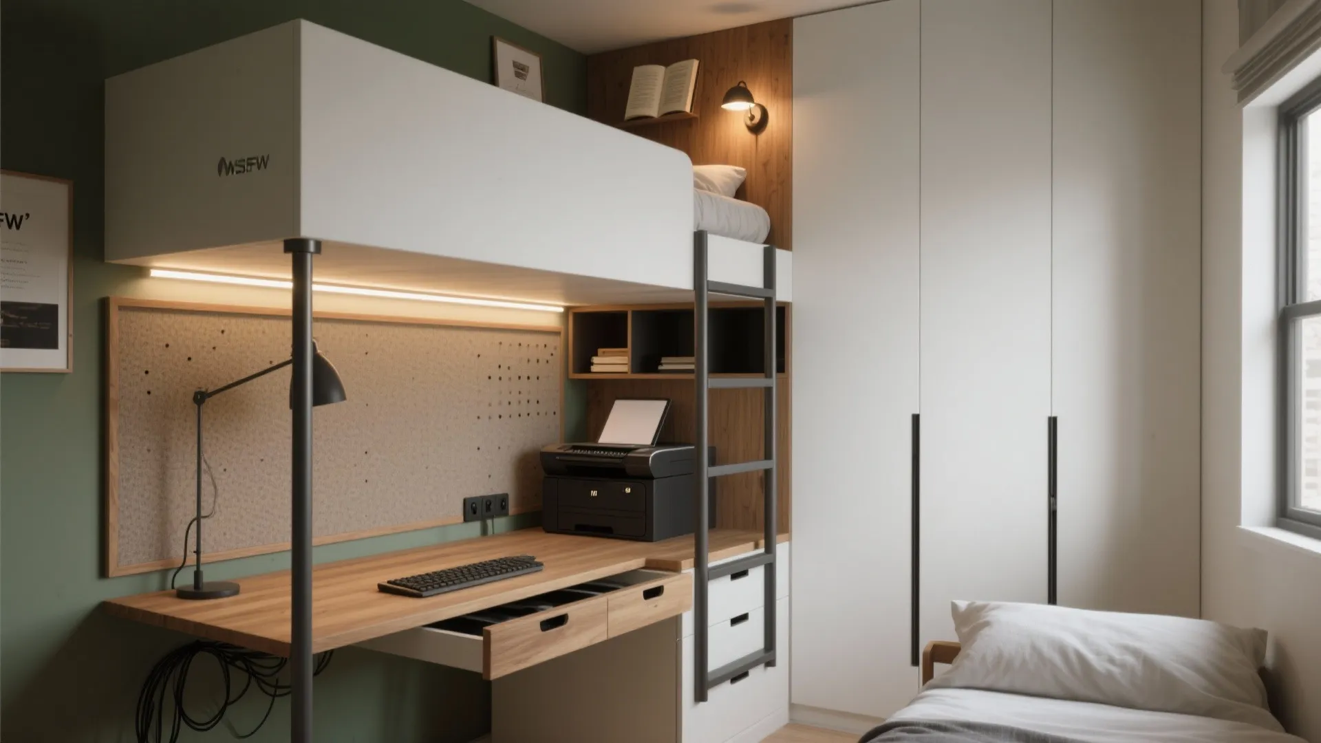 Modern loft bed with integrated wooden desk, desk lamp, office chair, printer, and white wardrobe