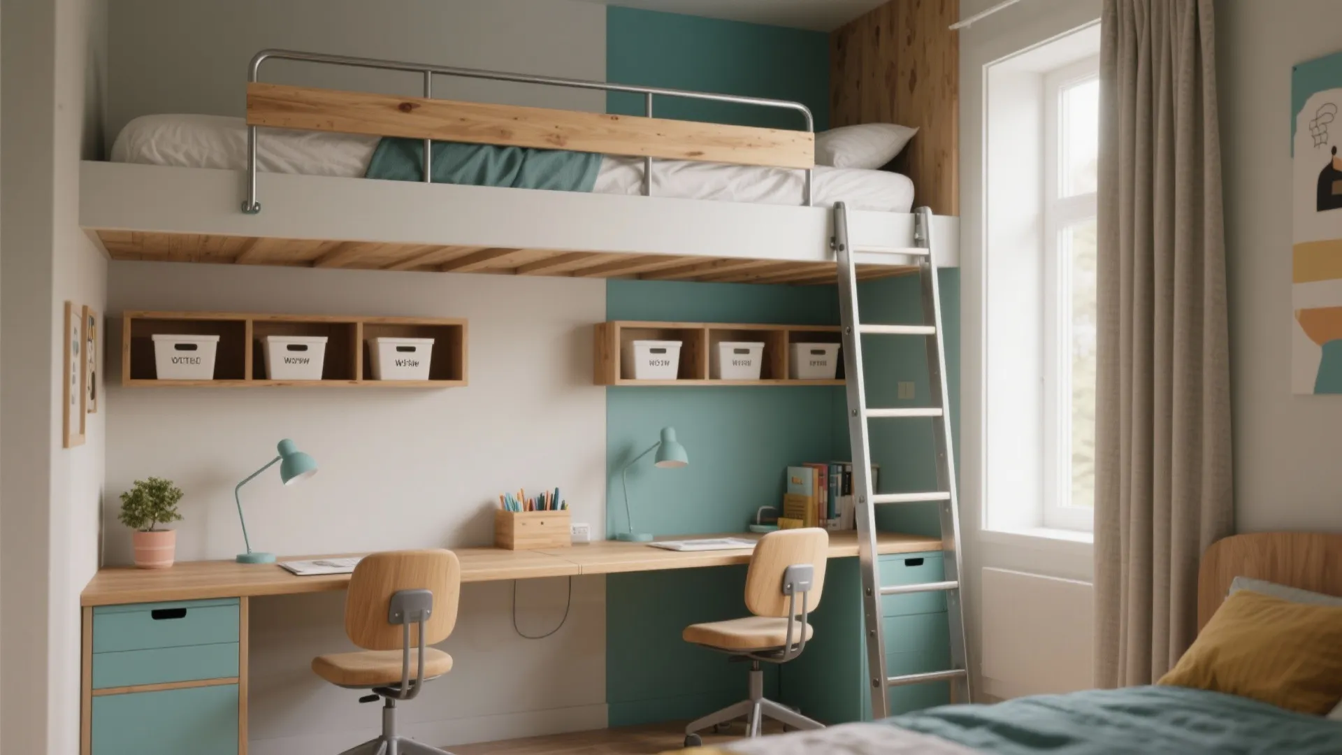 1. Lofted Bed + Shared Desk Zone