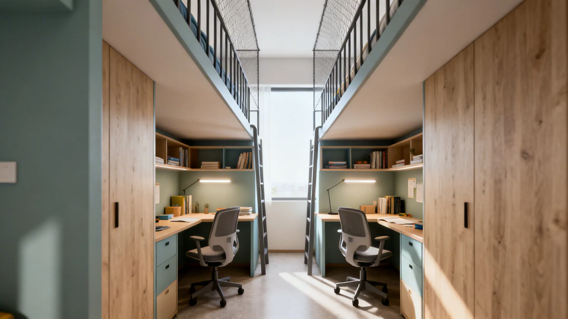 Two loft beds with study desks underneath, creating vertical usable space in a compact room.