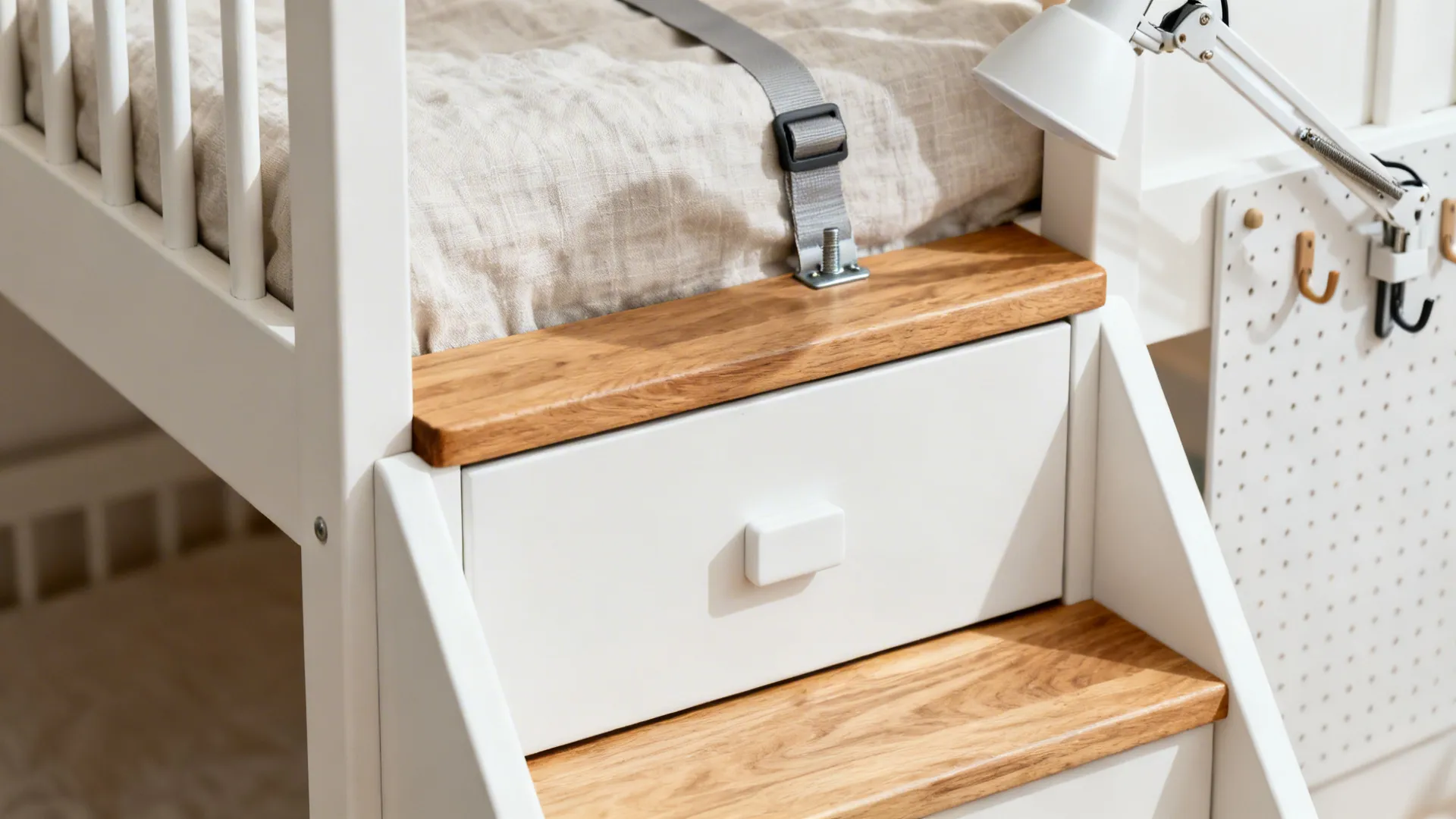 Macro of loft bed stair drawer and guard rail with natural oak and white matte paint.