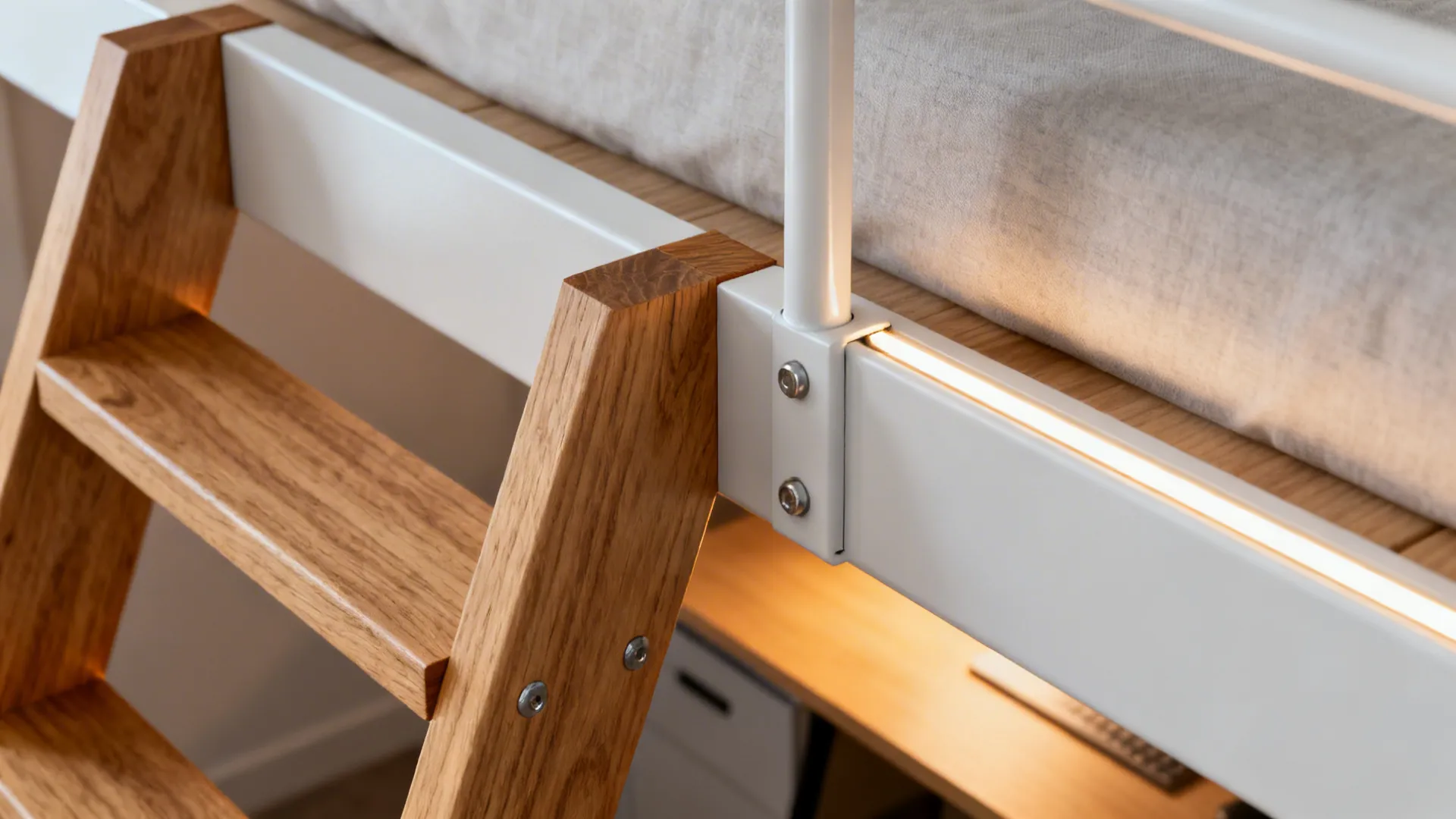 Macro of oak ladder joint, white railing, and warm LED strip under a loft bed.