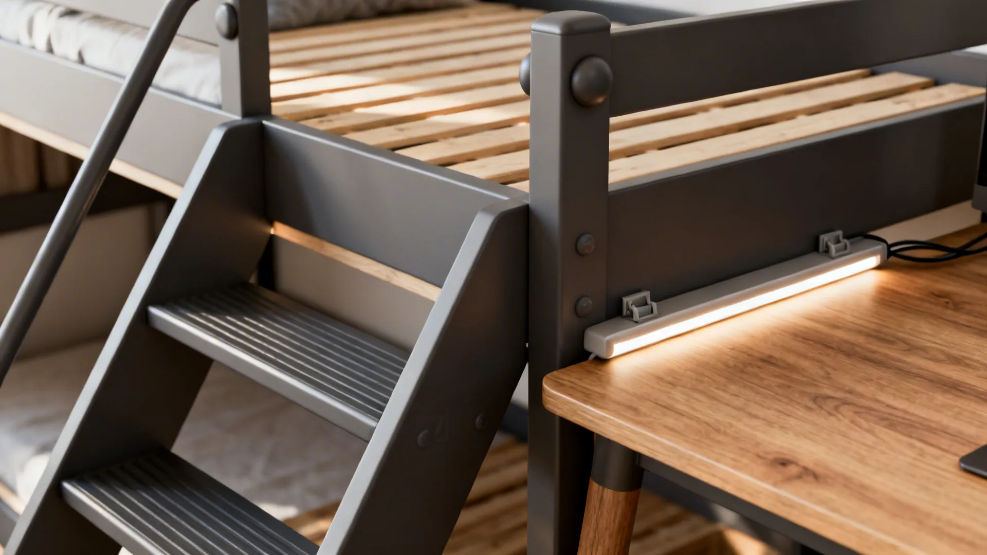 Macro of loft bed steps with non-slip treads and soft LED glow under the slats.