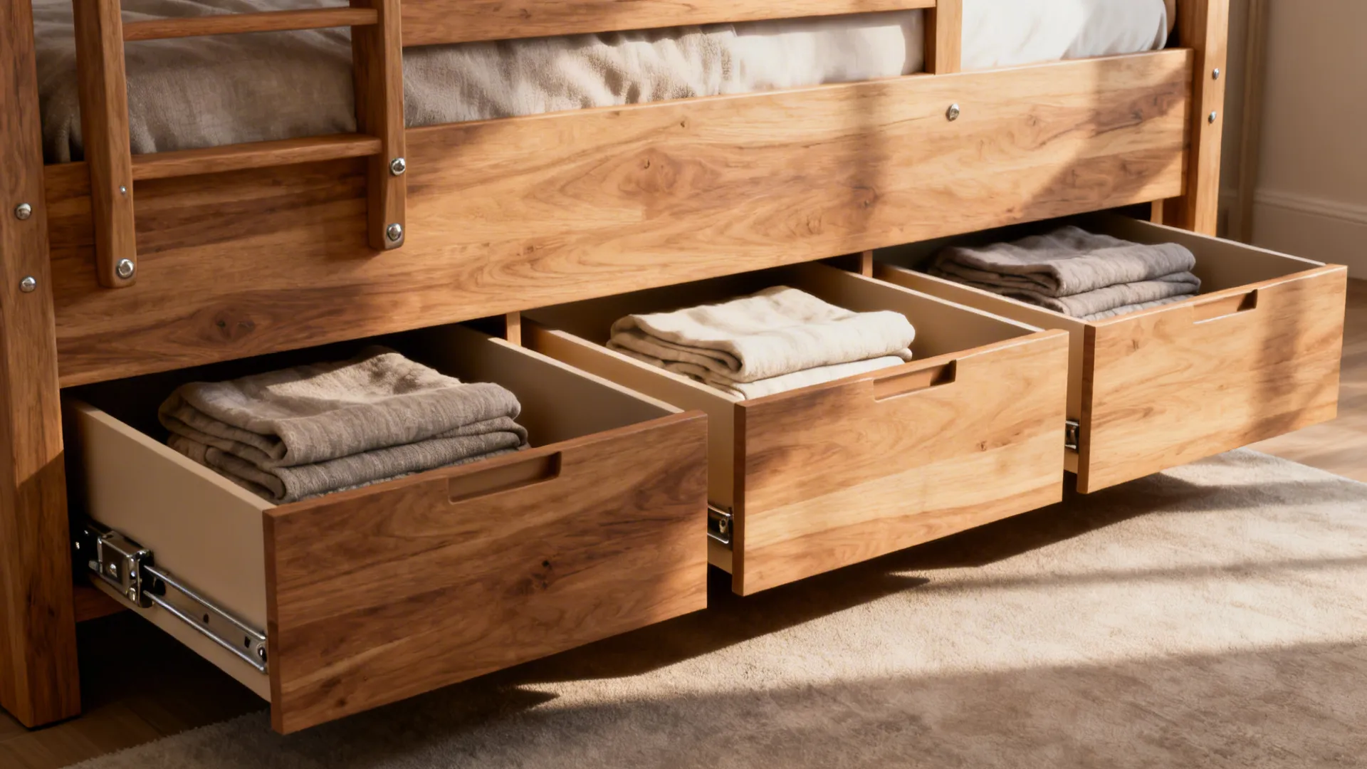 Close-up of integrated pull-out drawers under a loft bunk bed with soft-close hardware.