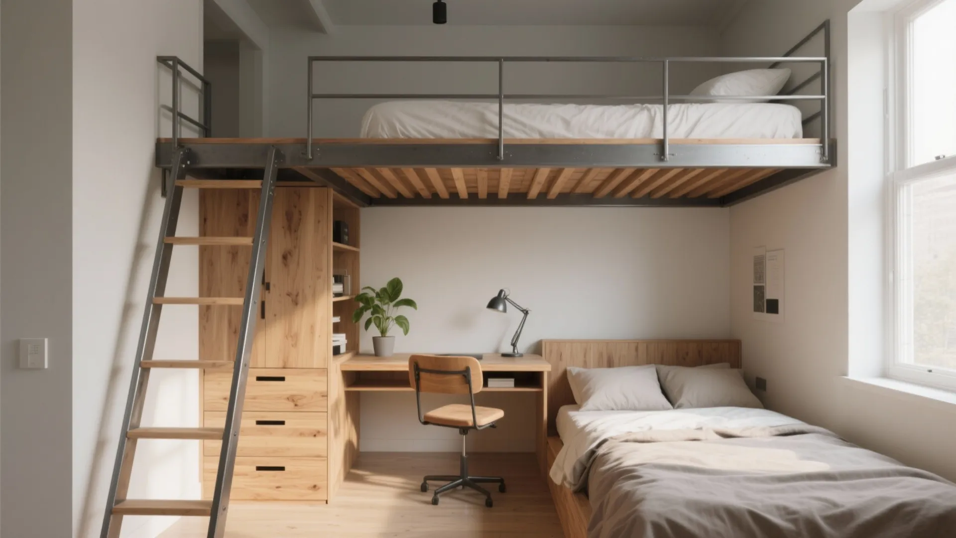 Space saving bedroom layout with elevated loft bed above a wooden desk and storage cabinet