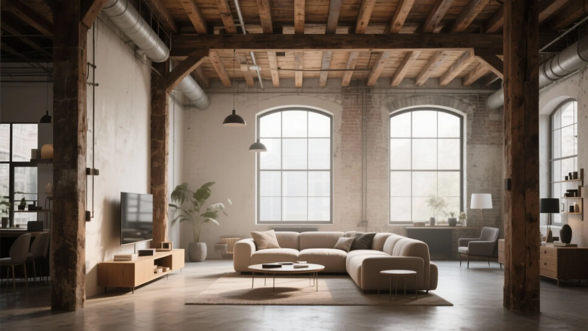1. Industrial Chic with Exposed Beams
