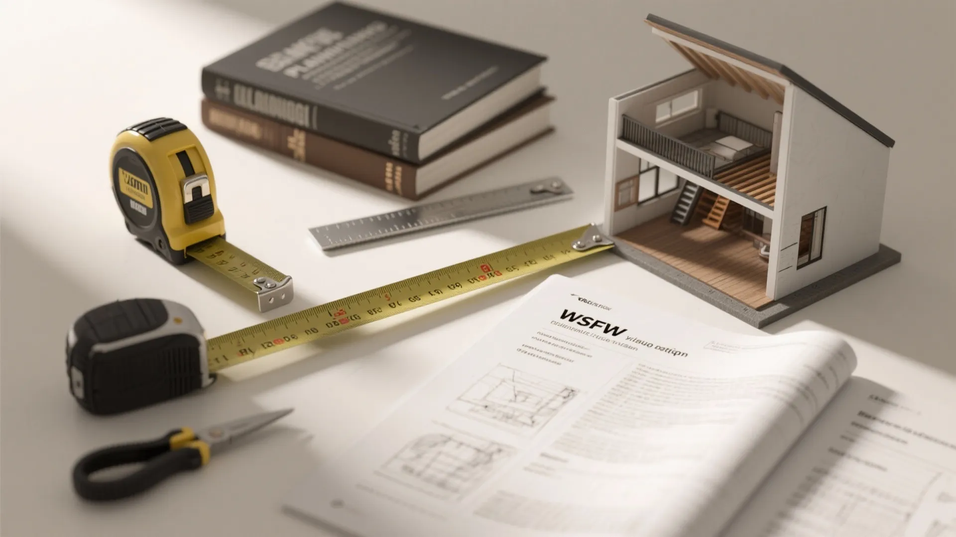 Flatlay showing measuring tape, building code pages and a scale loft model for planning and egress checks.