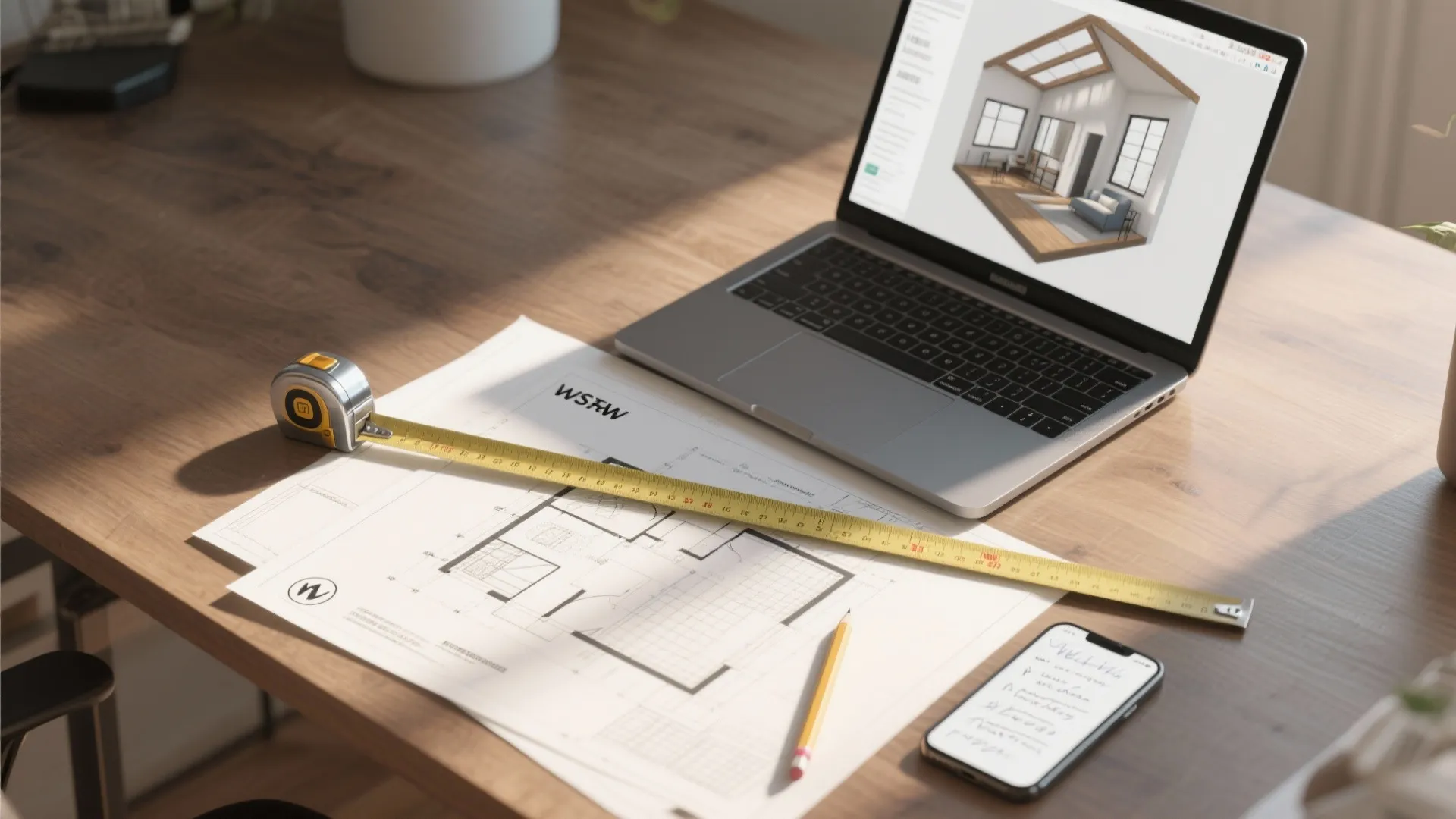 Laptop showing 3D interior design drawing next to a floor plan tape measure and phone