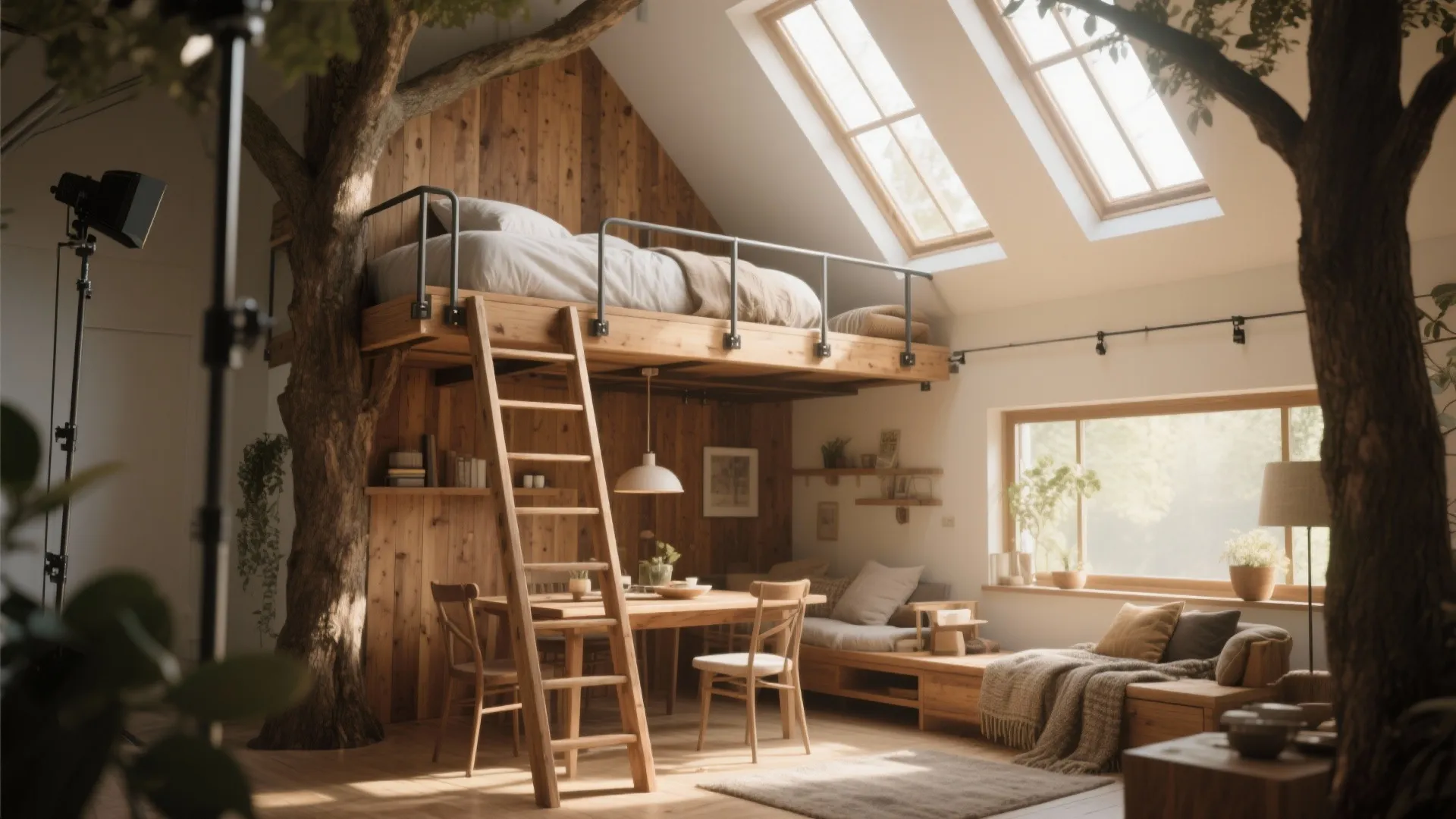 Wooden loft bed with ladder above a dining area and sofa inside a treehouse room