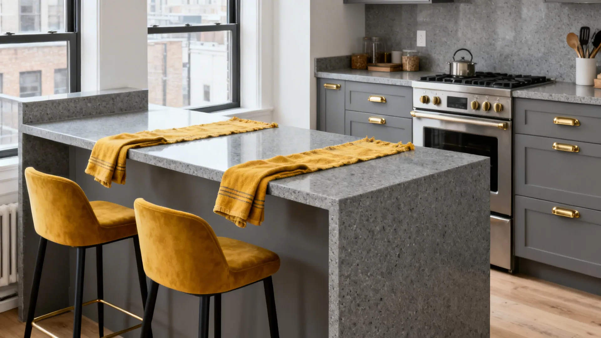 Small loft kitchen with gray quartz counters and mustard counter stools.