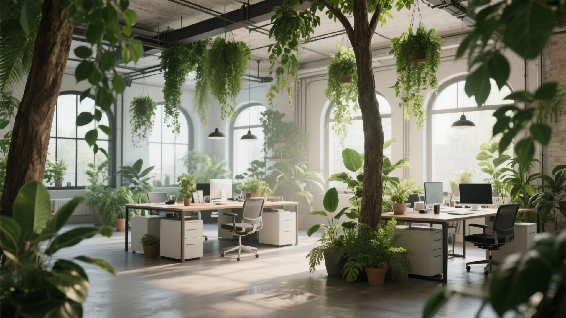 Modern open office space with wooden desks and many green hanging plants and potted trees