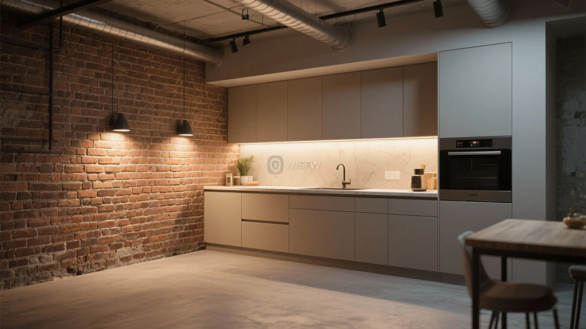 Modern loft kitchen with exposed brick wall and L-shaped layout