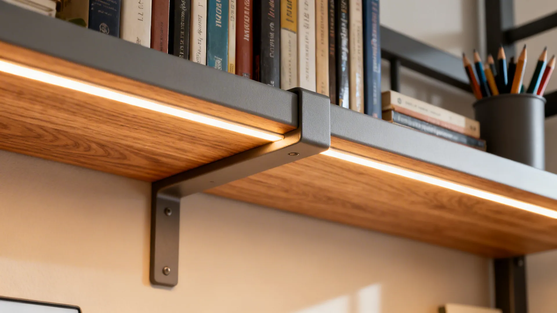 Macro of warm LED strip under loft bed highlighting oak desk shelf and hardware.