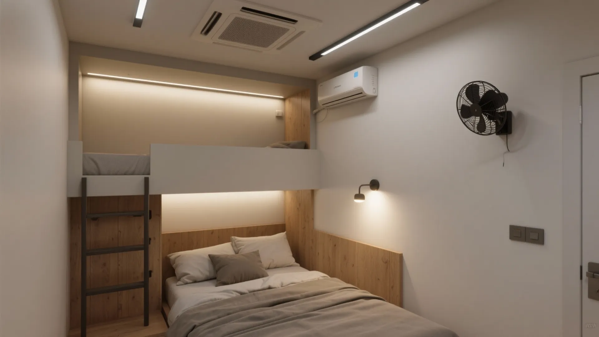 Loft bedroom with slim LEDs, wall-wash sconce, low-profile fan, and ceiling circulator for comfort.