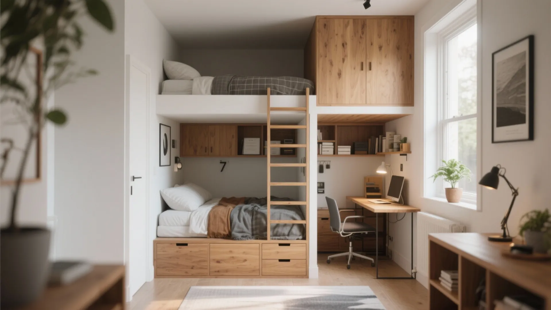 Wide view of a micro-apartment alcove with a loft bed, pull-out desk, and built-in storage.