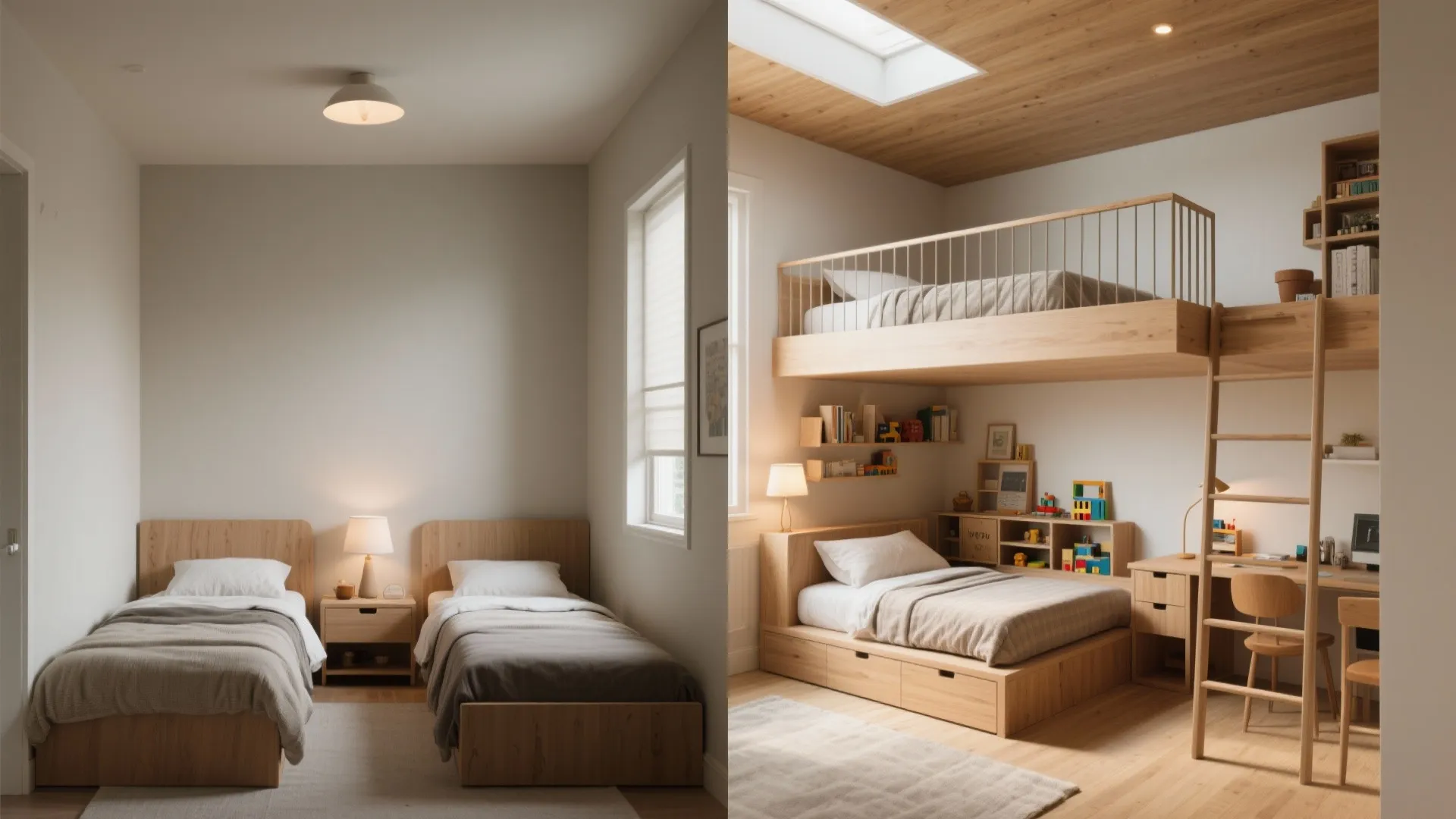 Modern kids bedroom showing two single wooden beds on left and a loft bed right