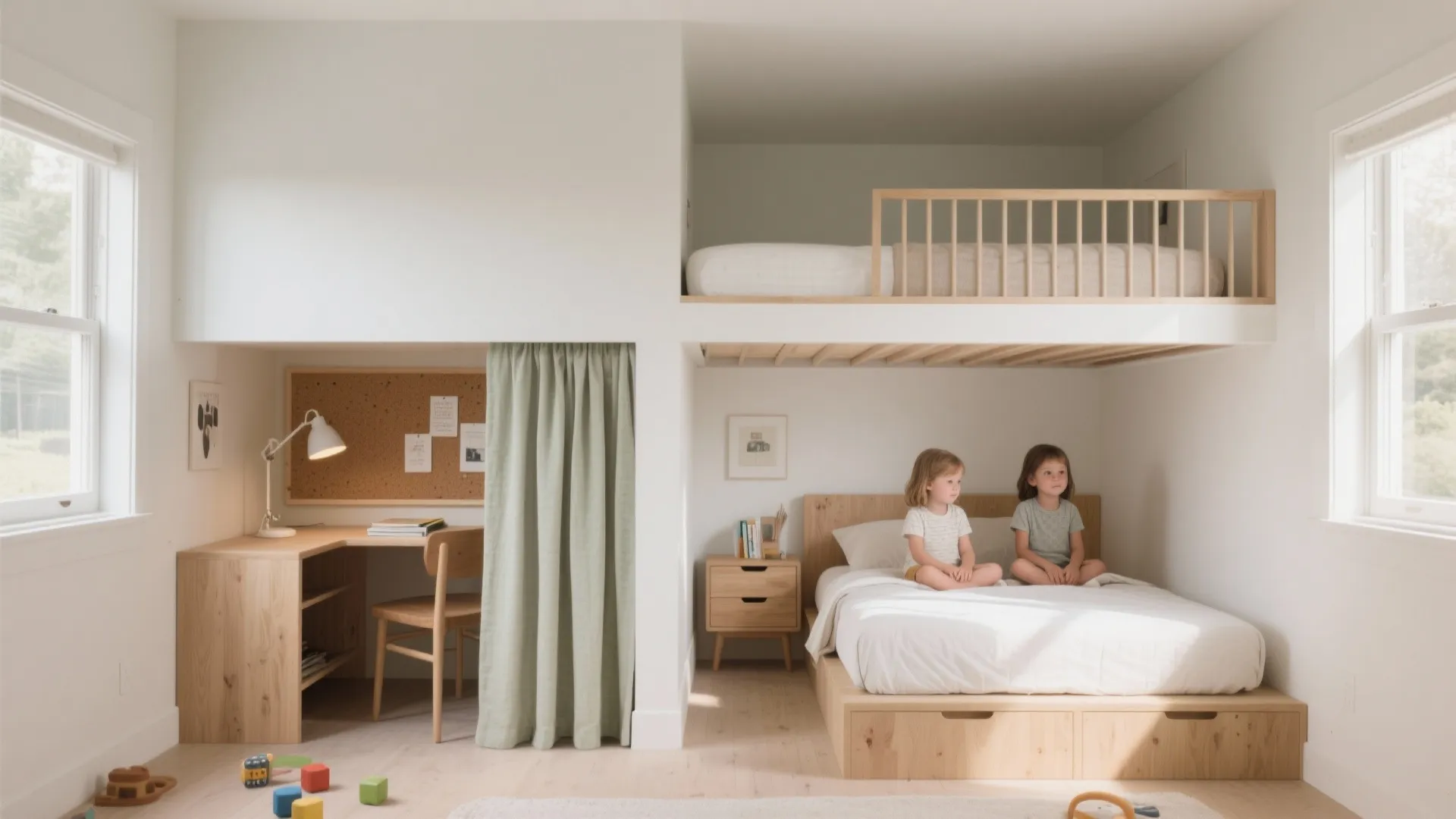 Idea 1: Loft + Under-Desk Combo for One, Low Bed for the Other