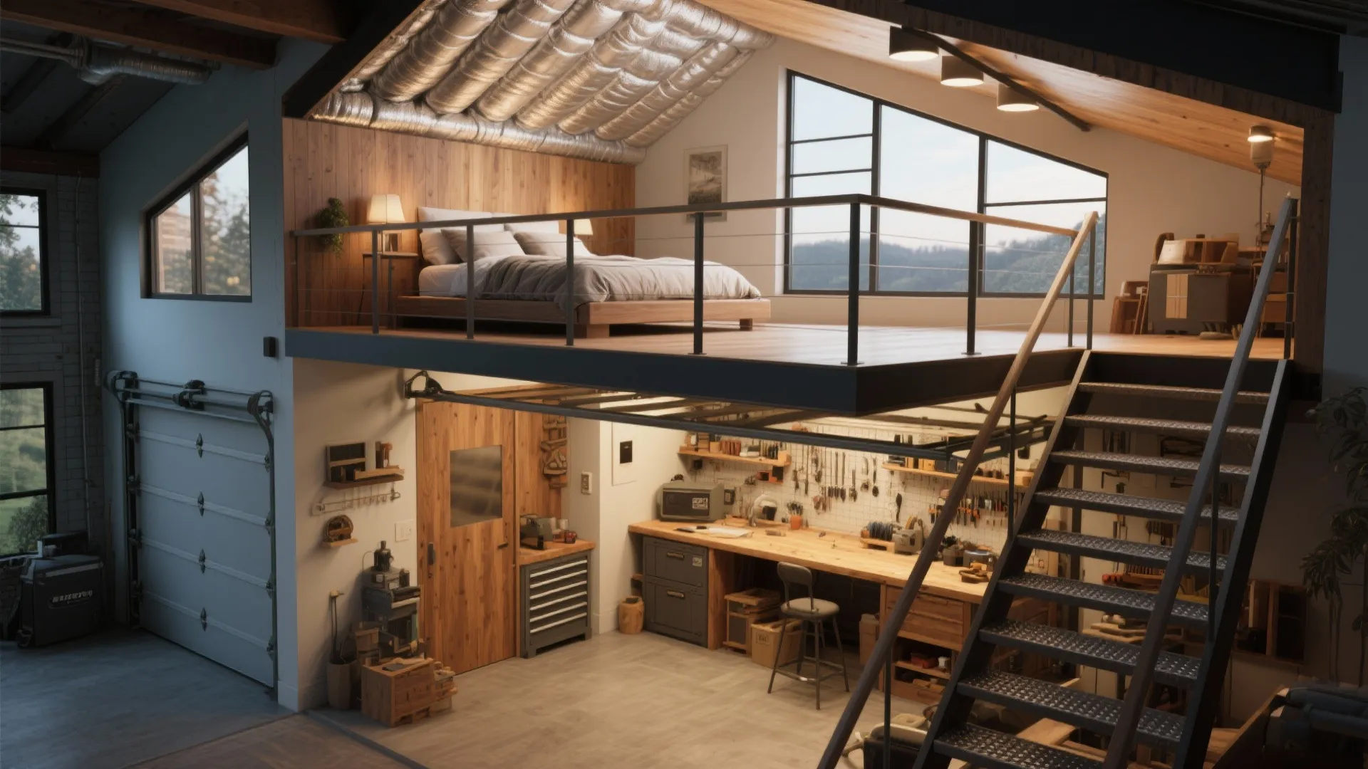 Lofted master bedroom above a garage workshop with guardrail and insulated ceiling