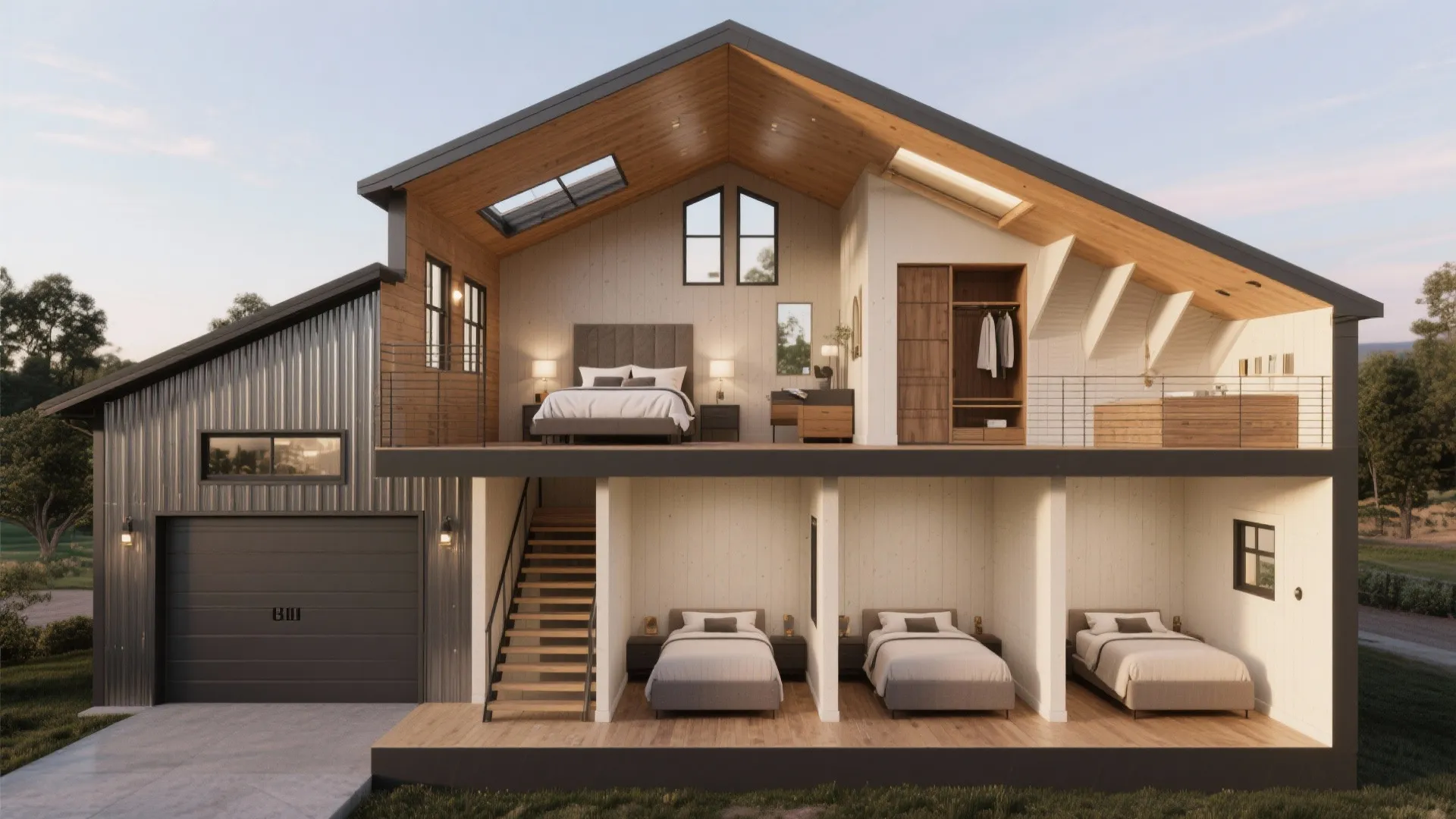 Modern house interior design drawing with two floors showing bedrooms wardrobe stairs and a garage