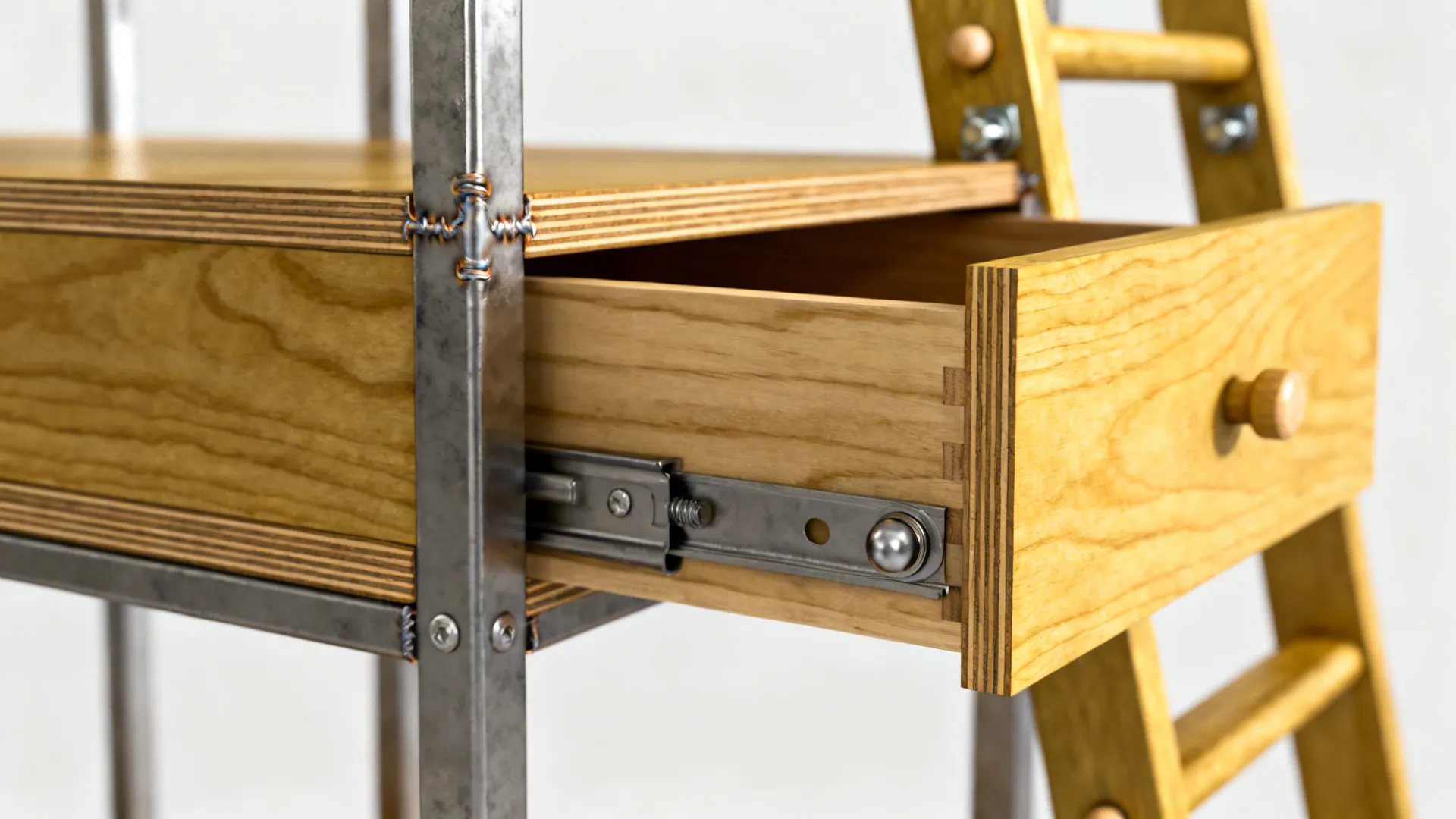 Close-up of loft bed hardware and plywood finish showing construction details.