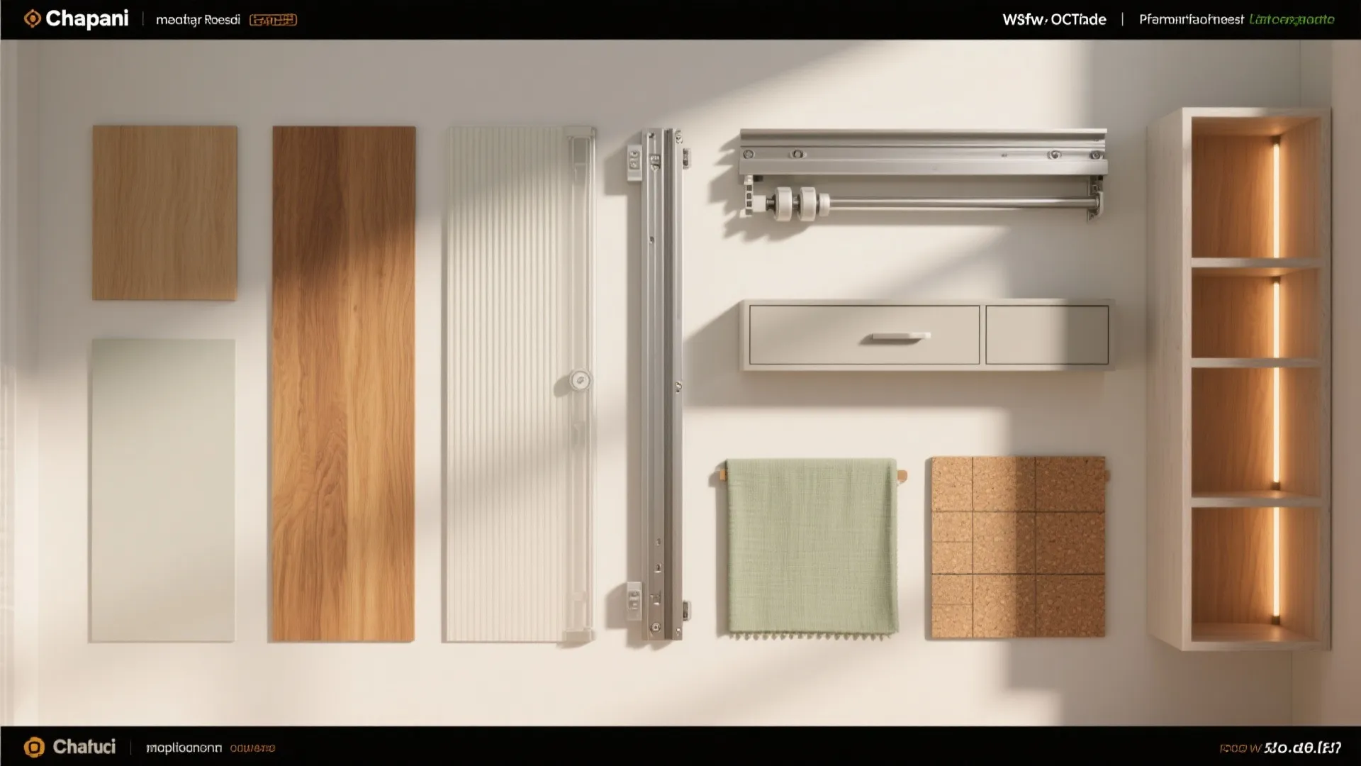 Interior design materials including wood panels green fabric cork board and various small cabinet parts