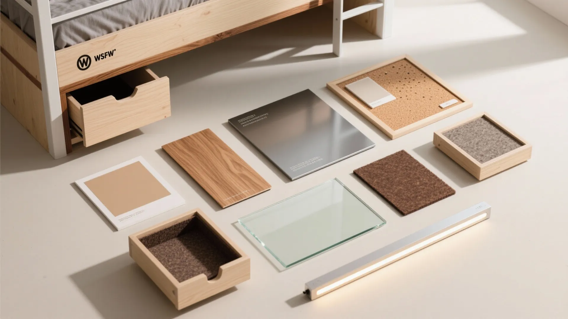 Material flatlay with veneered plywood, powder-coated steel, oak swatches, felt, cork, matte paint, low-iron glass, and LED strip.