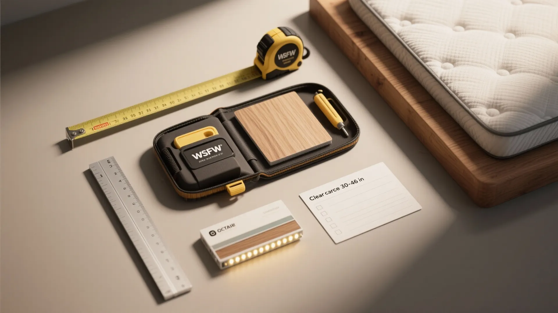 Flatlay of measurement tools, material swatches and an LED strip sample for low-loft planning.
