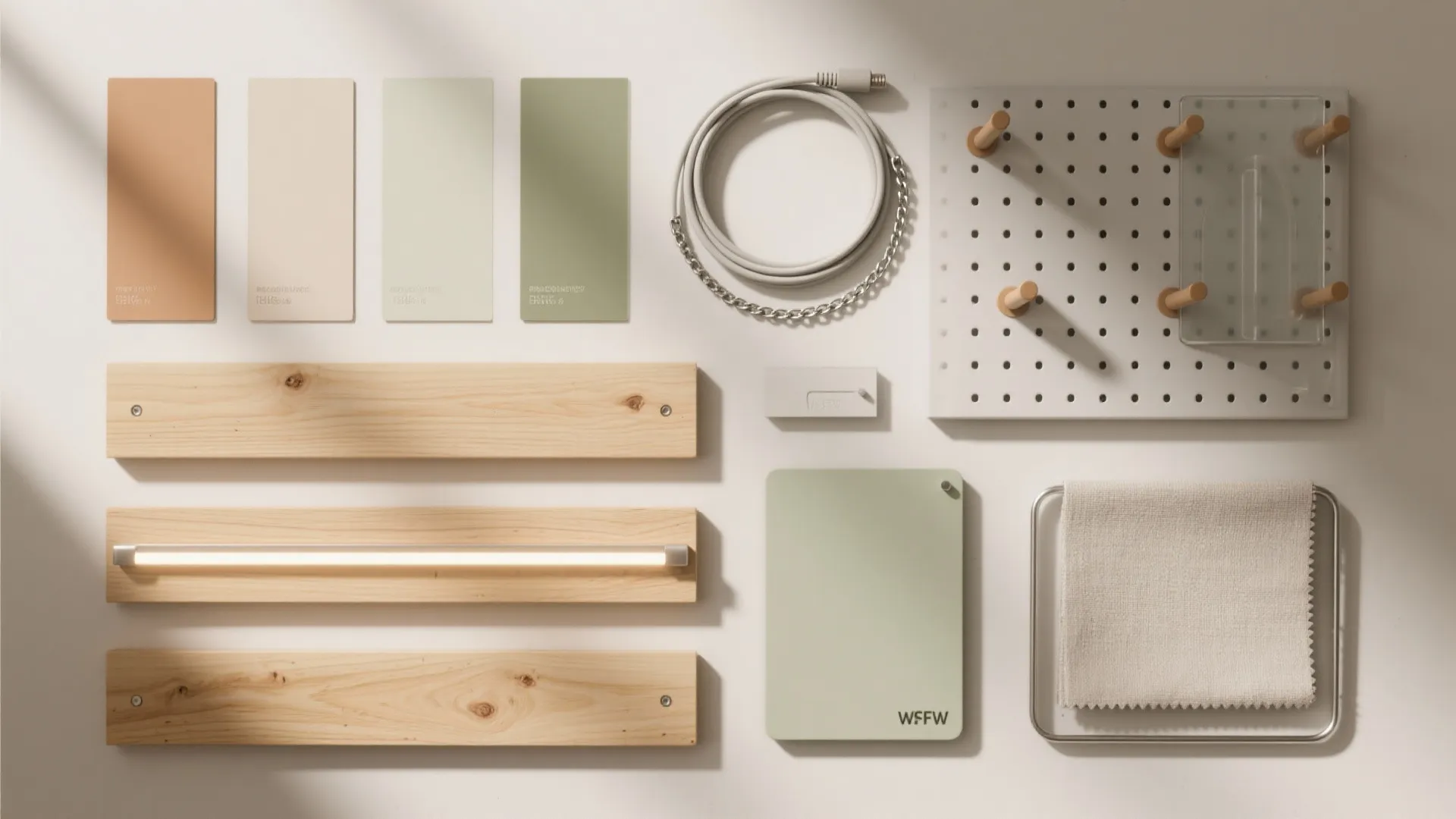 Flat lay of materials for a small loft desk: light oak, matte paints, LED strip, pegboard, cable hardware, and frosted panel.