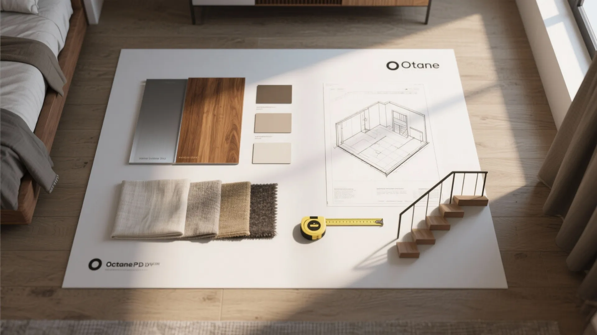 Interior design moodboard with room layout drawing wood samples fabric swatches and a measuring tape