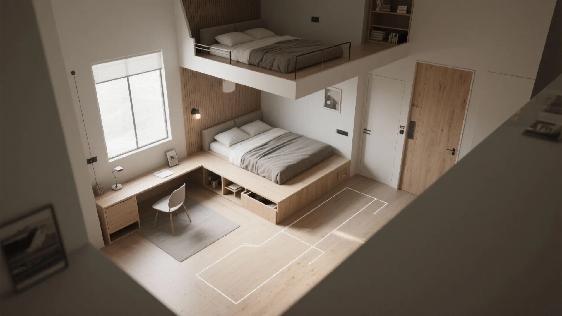 Loft style room layout with upper sleeping area wooden desk white chair and integrated storage bed