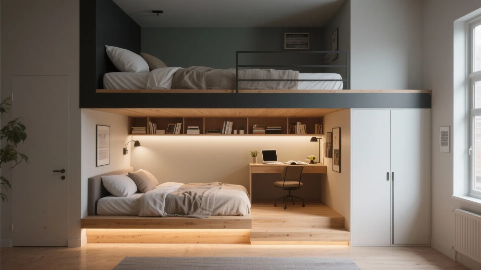 3. Lofted bed + cozy nook below