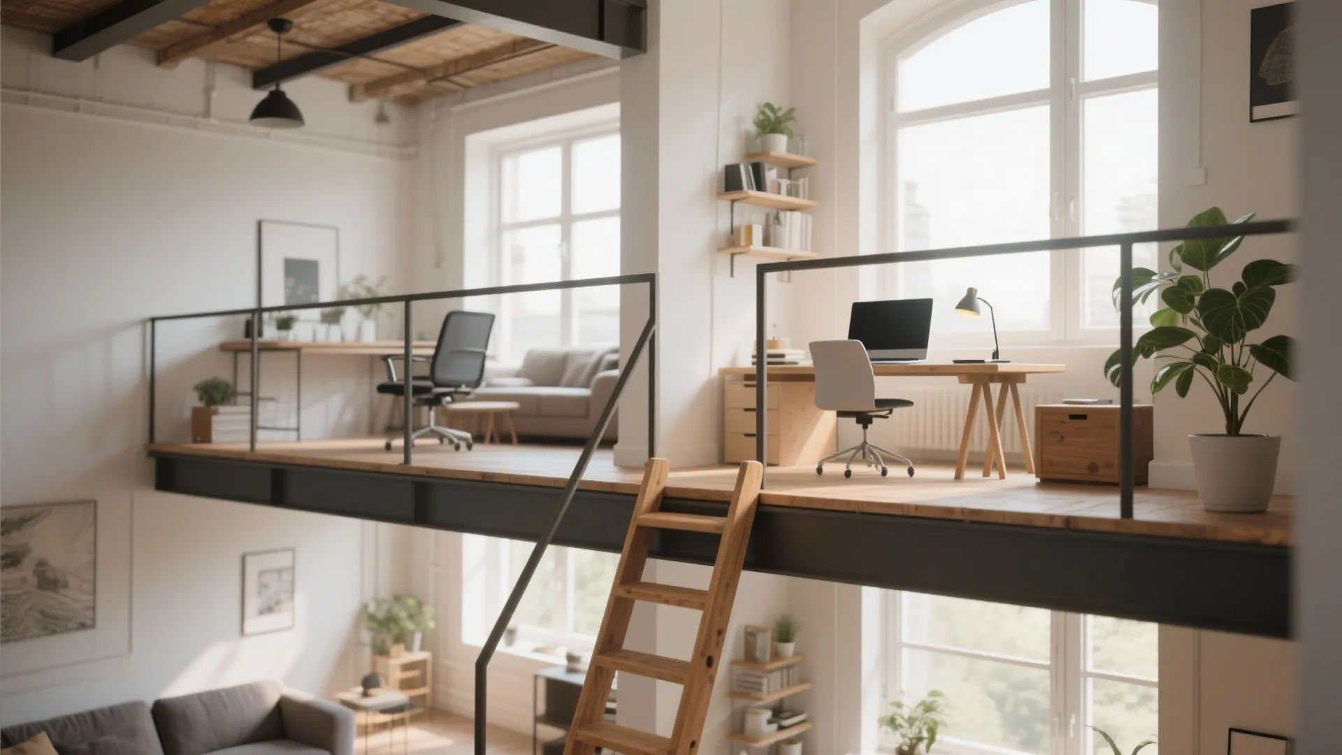 Industrial loft office space on wooden platform with black railing desk chair and wooden ladder