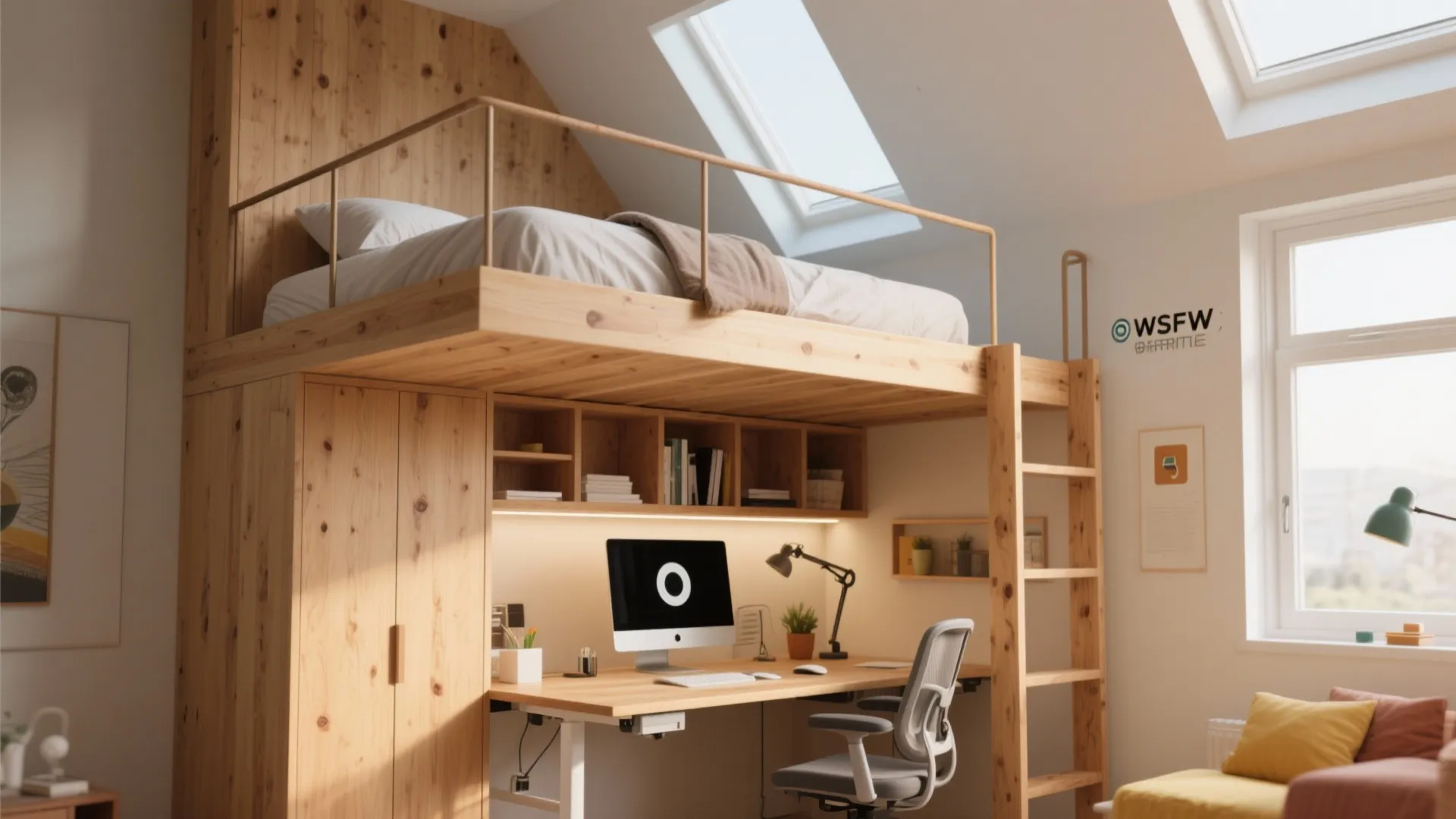 Modern wood loft bed with home office desk underneath featuring a computer and roof windows