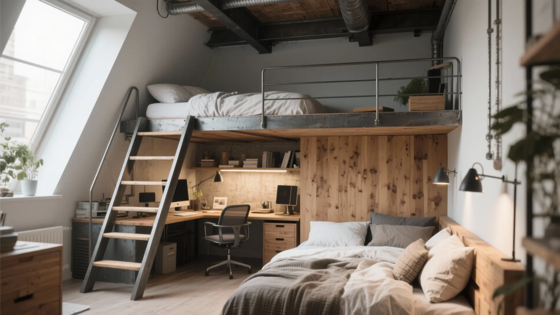 Industrial loft bedroom featuring a raised bed platform, wooden desk, office chair, and roof window