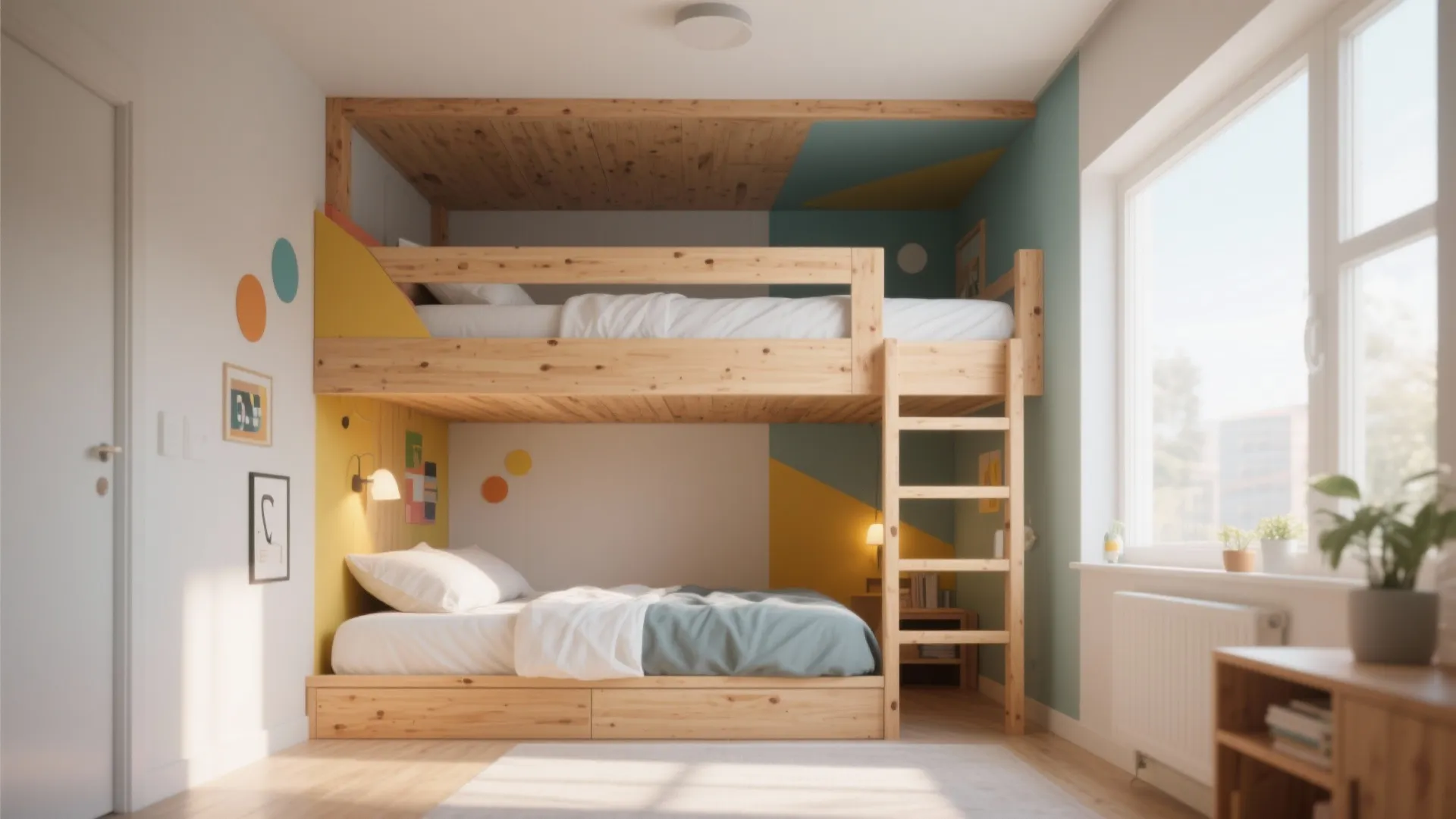 Modern colorful kids bedroom featuring a wooden bunk bed with white bedding and yellow wall panels