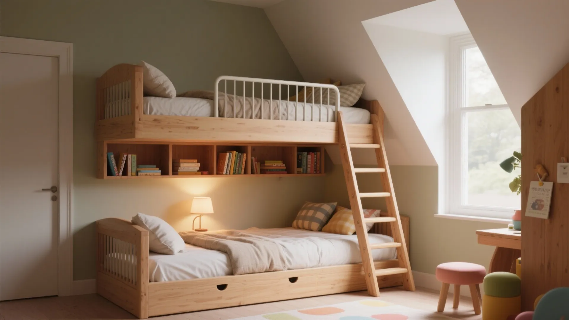 2. Asymmetric heights: one low bed, one lofted bed