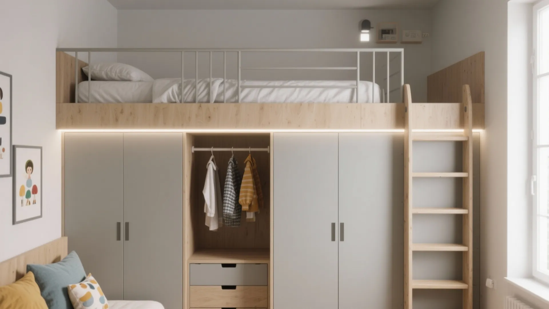 Loft bed over wardrobe for one-child rooms