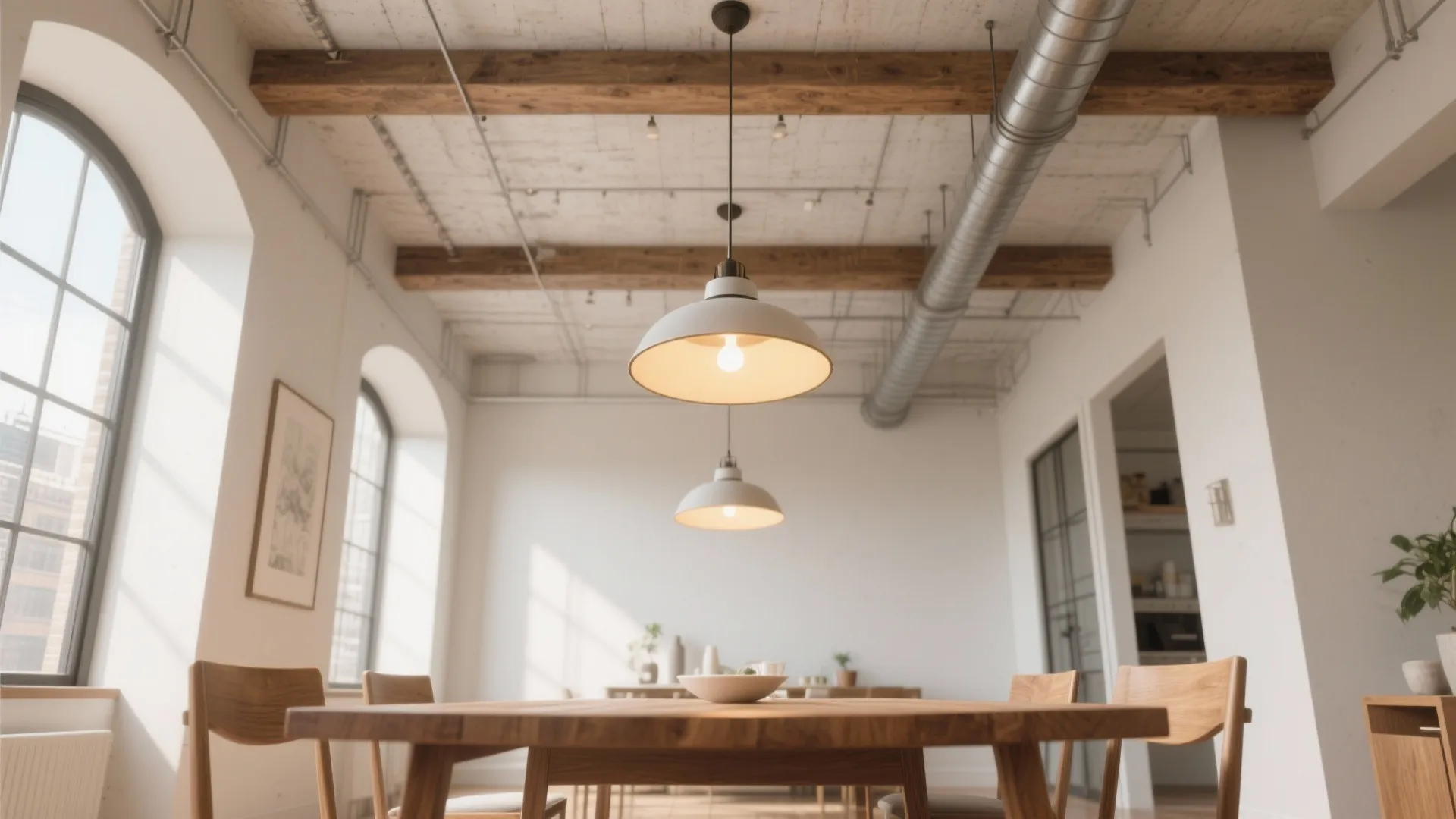 Industrial dining room featuring white ceiling lights wooden beams large windows and a round table