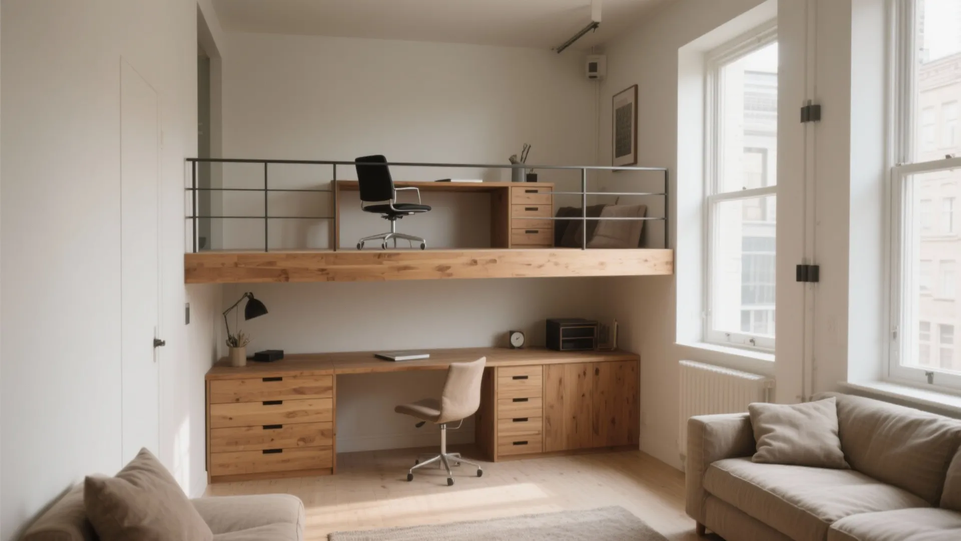 Small apartment design with a wooden sleeping platform above a home office and living area