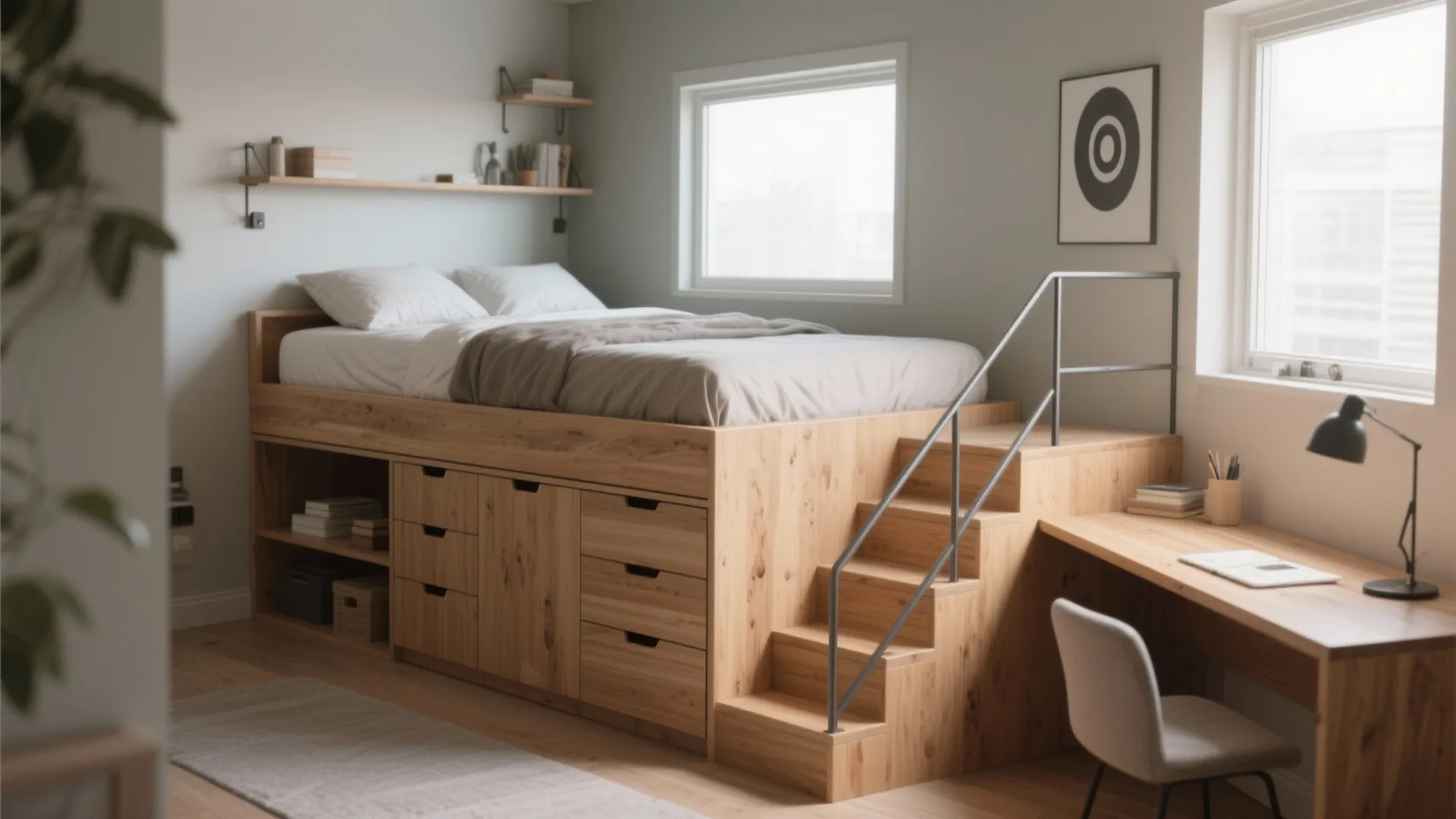 Modest high platform queen bed with vertical storage and a tucked desk underneath in a small room.