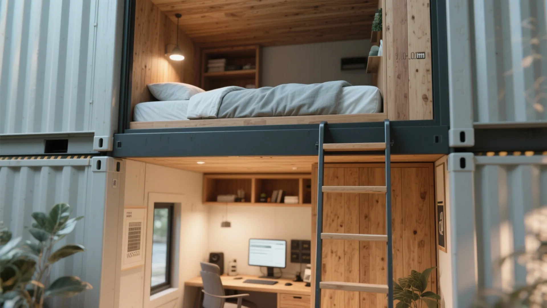 Lofted sleeping platform with storage underneath and a compact workstation in a container home