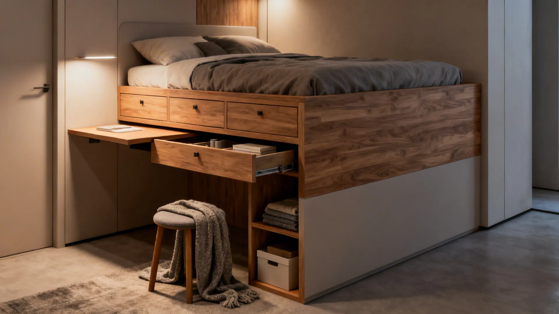 Raised bed platform with drawers and a small desk tucked underneath in a studio.