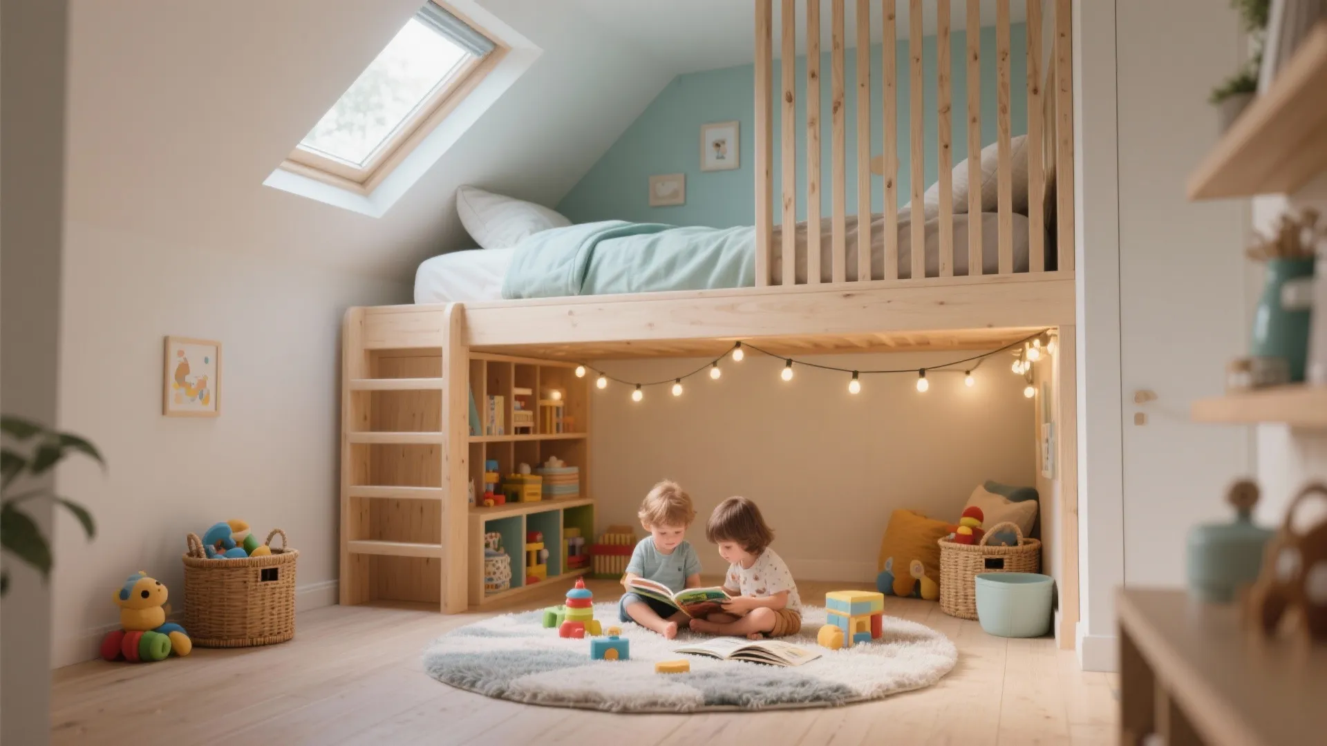 Kids playroom with a loft bed and children reading on a rug under cozy string lights