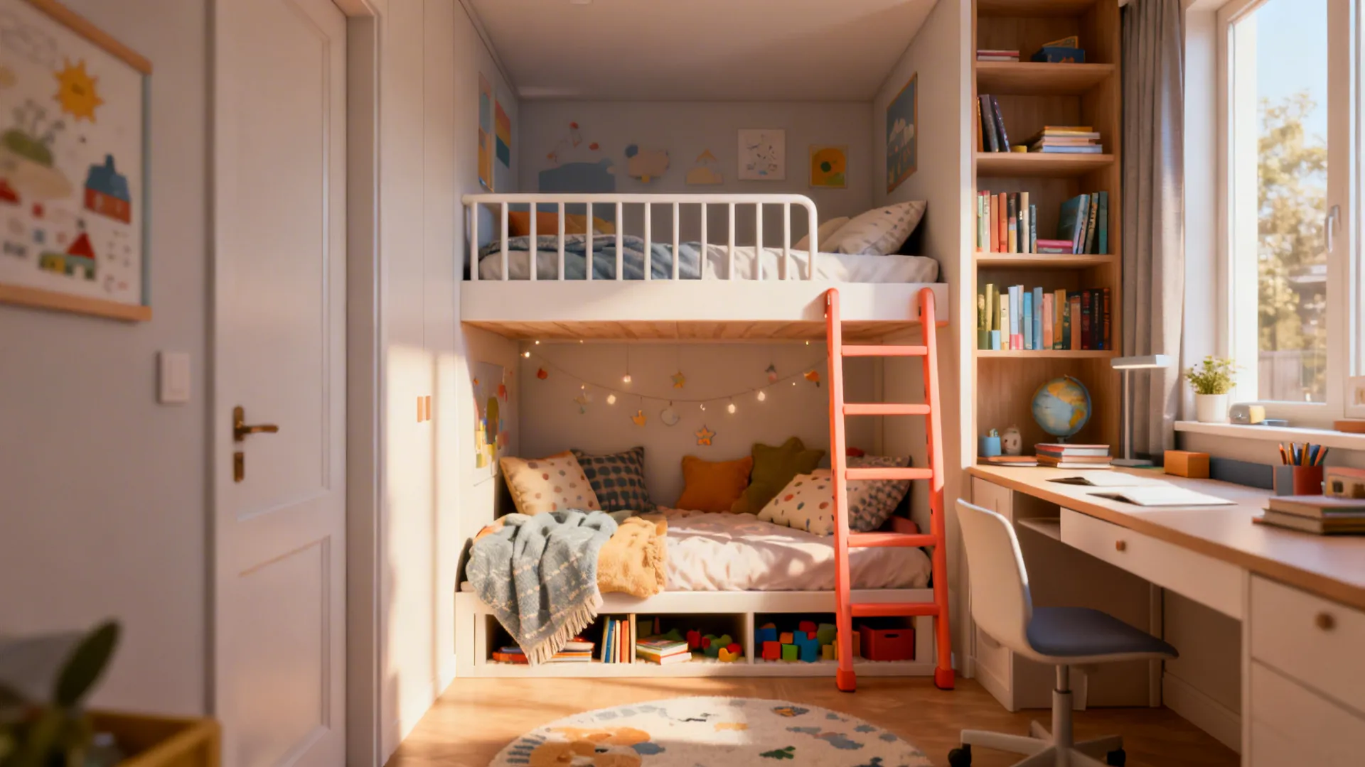 Compact room with a loft bed above a study nook and a cozy reading den below another bed