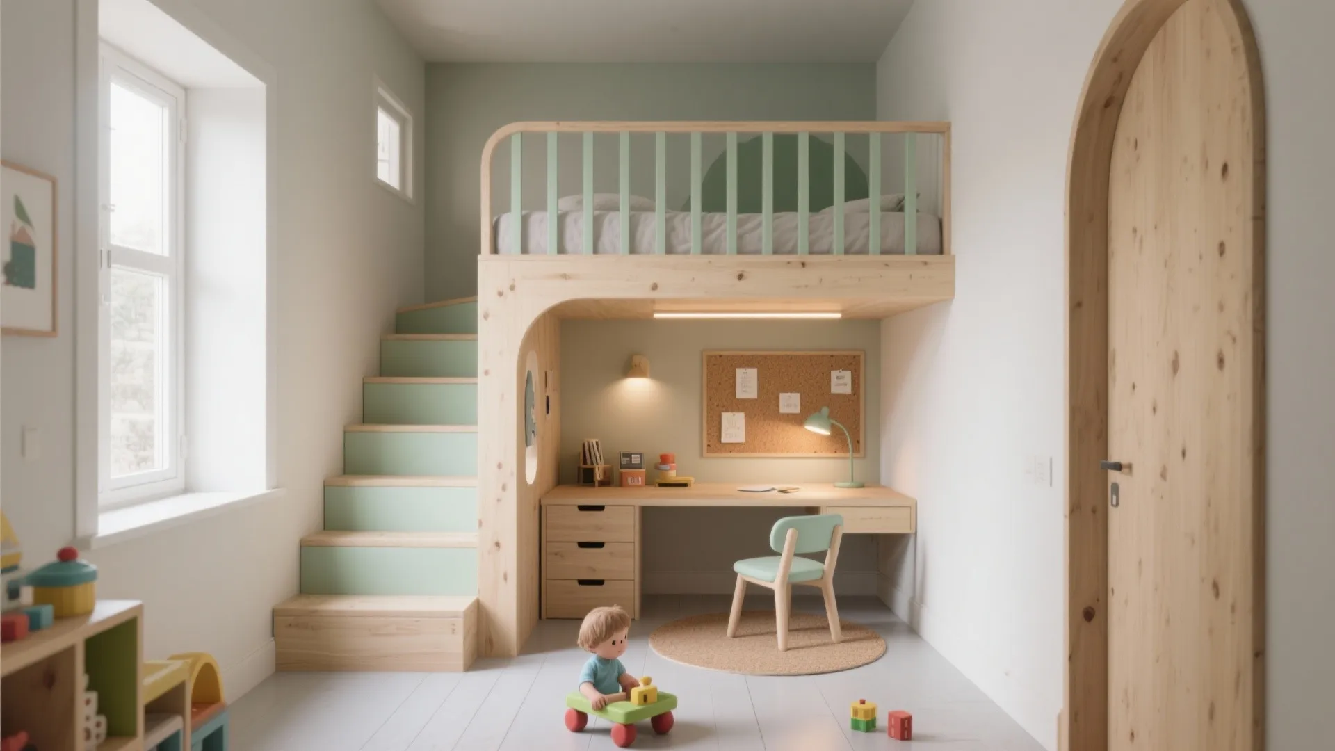 Wooden loft bed with stairs above a study desk and chair in a bright kids room