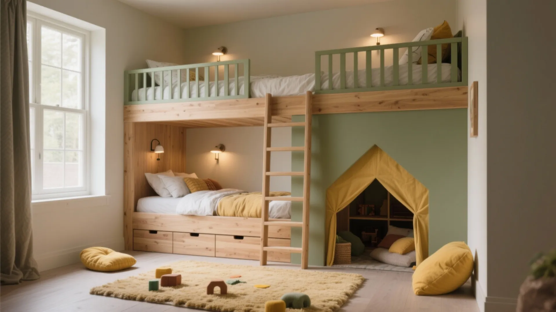 Lofted bunk with an under-bed play zone
