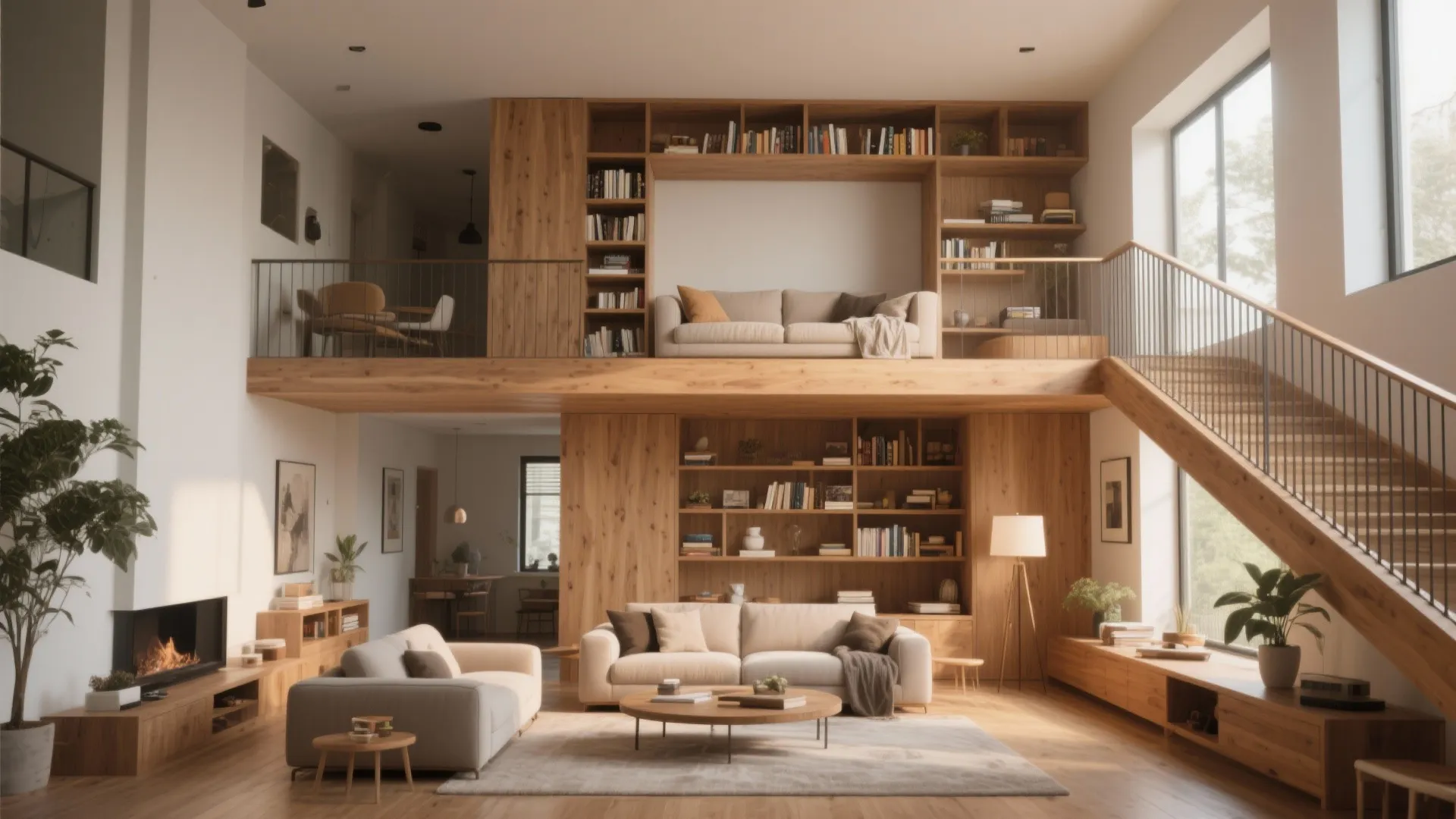 Modern open plan living room with wooden stairs leading to a cozy loft reading area